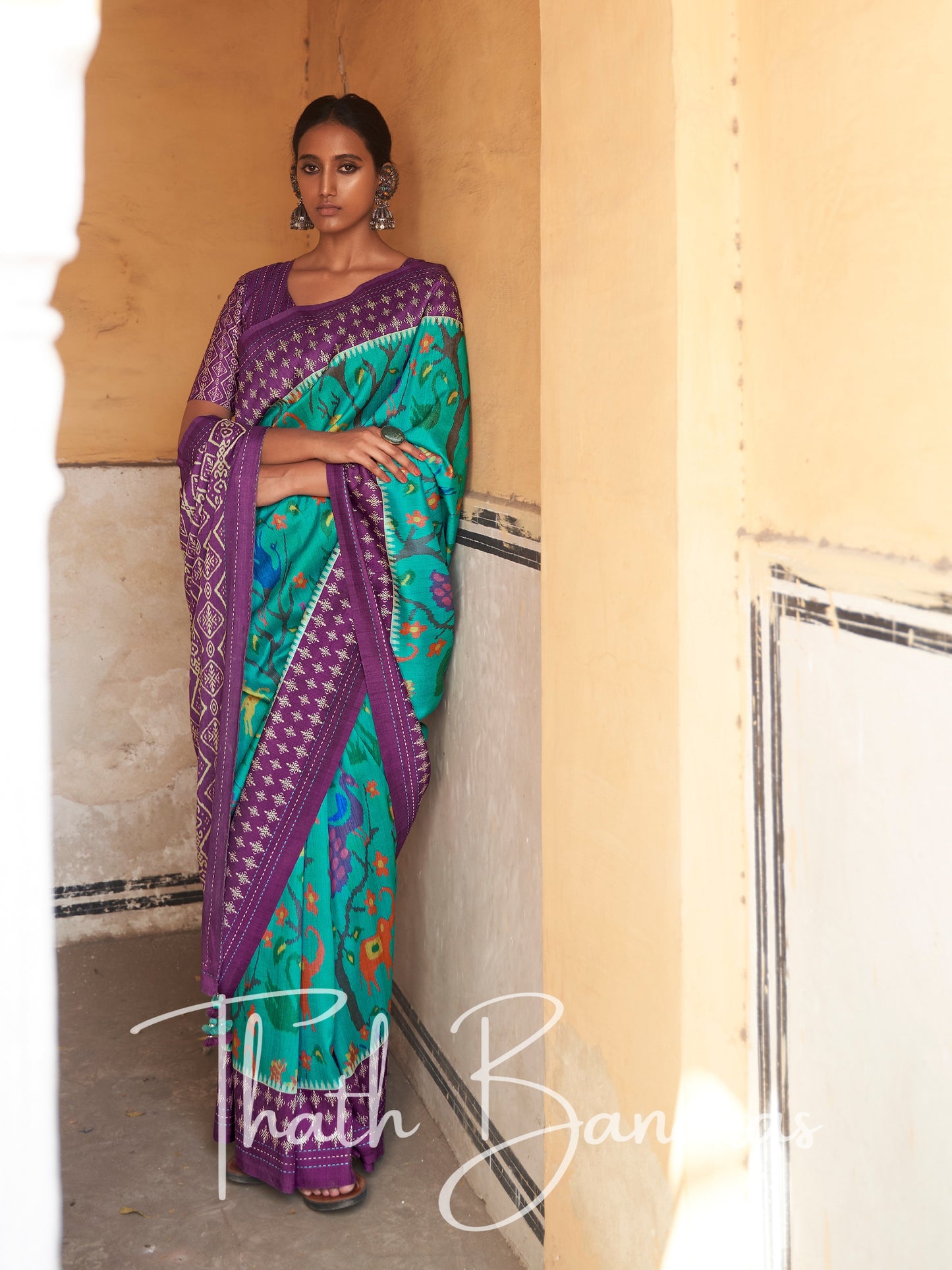 Cyan BlueTussar Silk Saree With Embroidered Blouse