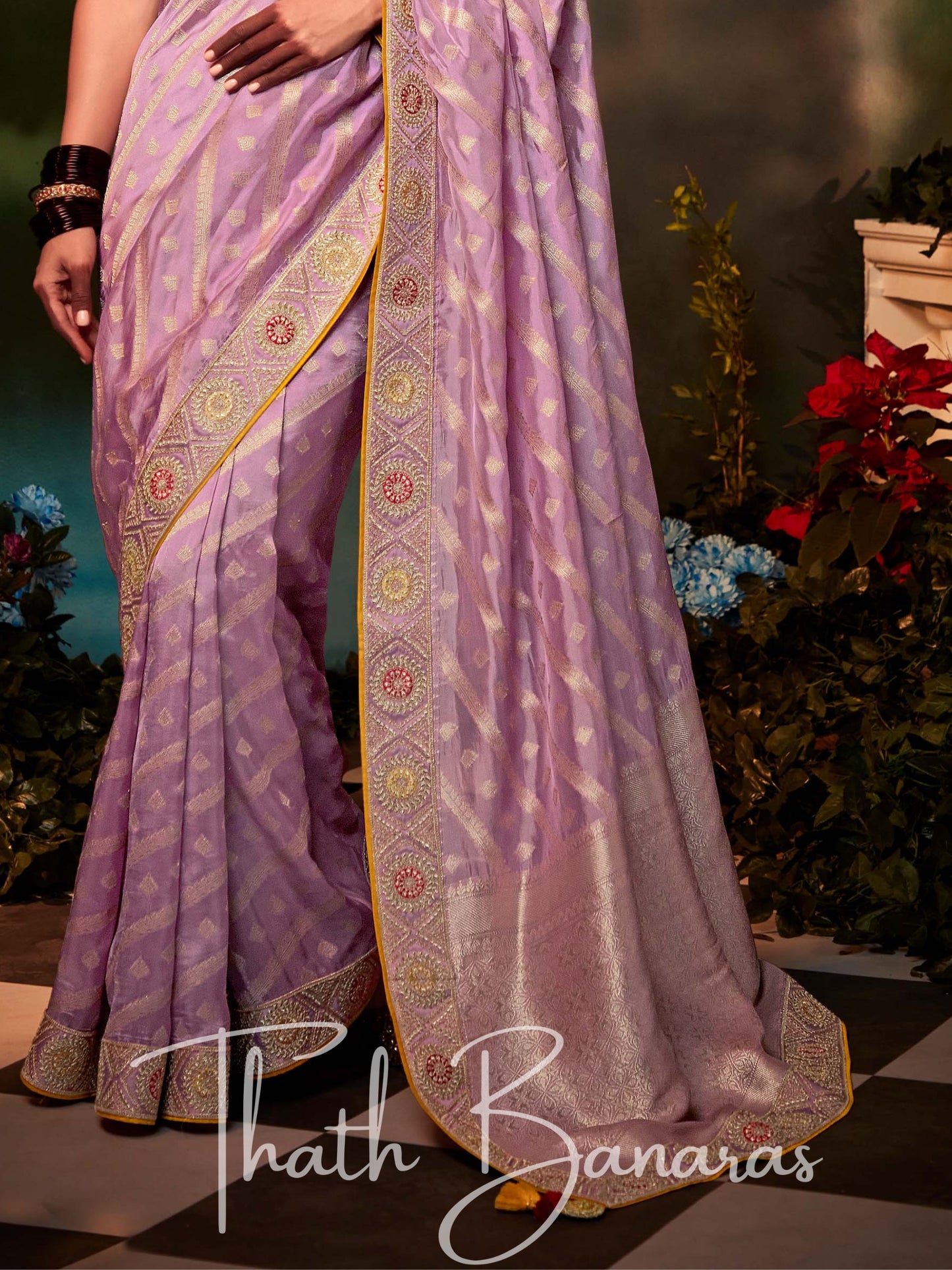 Pastel Pink Fancy Fabric With Stitched Border with Designer Embroidery Worked Blouse