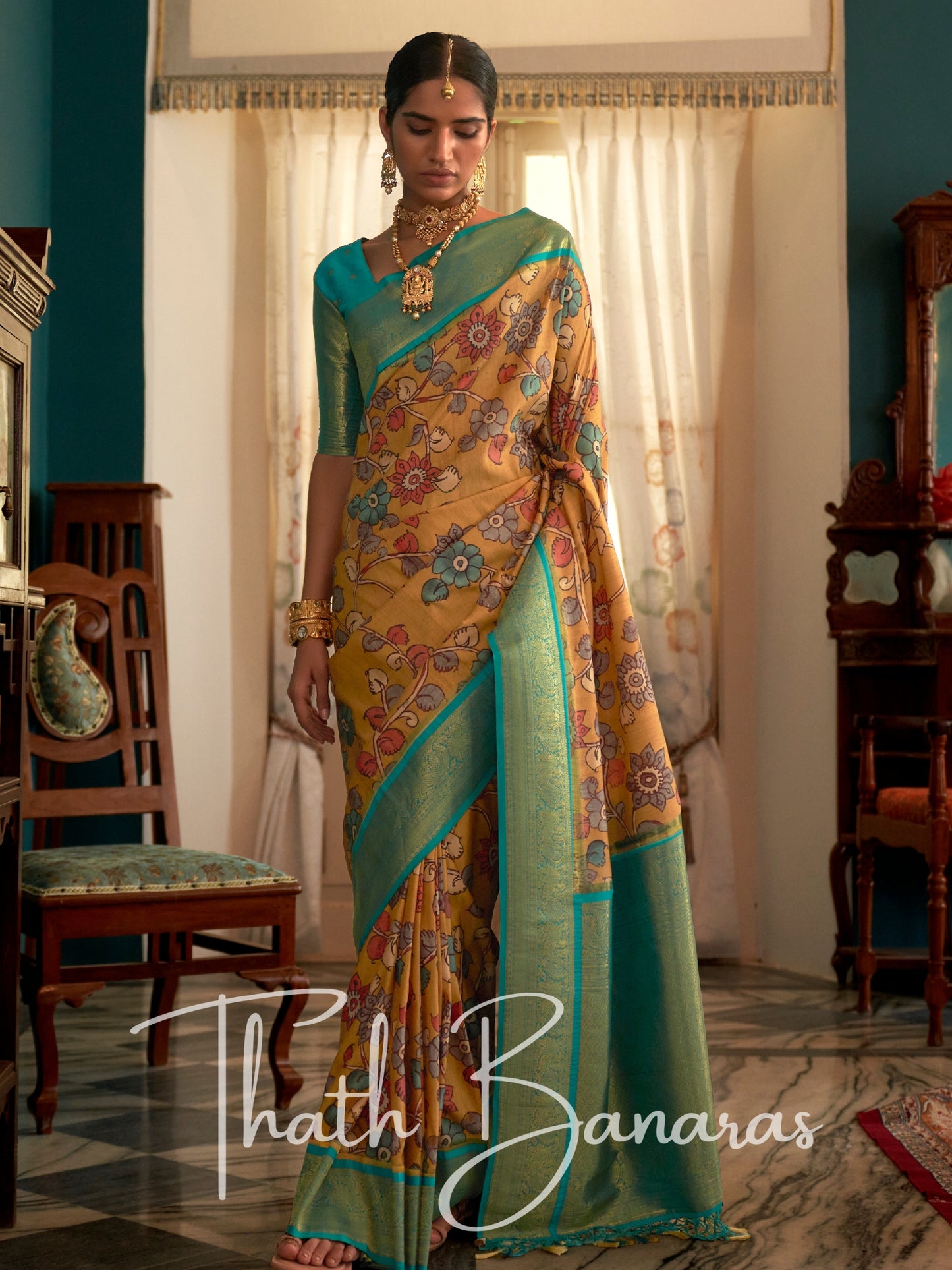 Yellow Soft Tusser Silk Digitle Printed Kalamkari Saree with Rama Woven Border & Contrast Blouse
