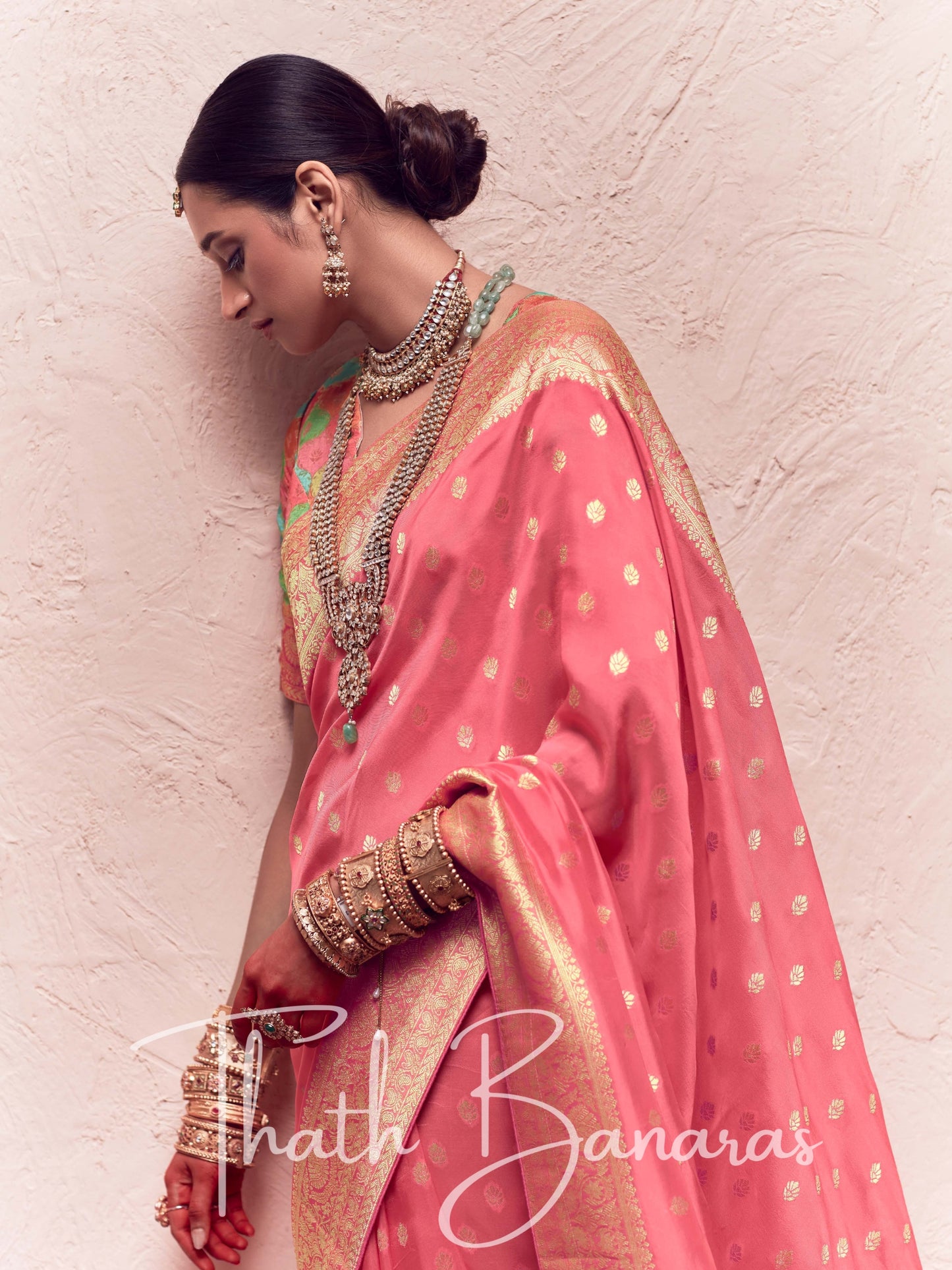 Taffy Pink Pure Crepe Zari Weaving Dola Silk With Tussales & Zari Weaving Blouse