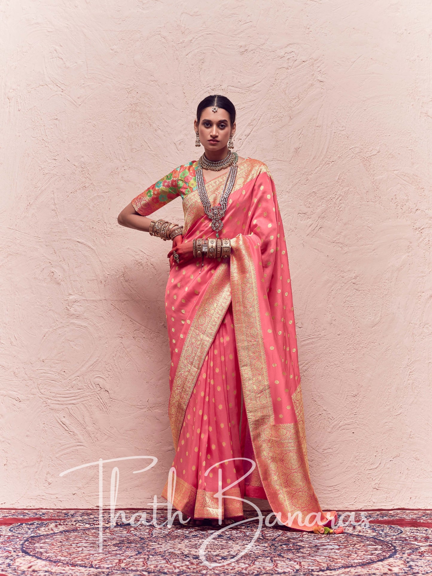 Taffy Pink Pure Crepe Zari Weaving Dola Silk With Tussales & Zari Weaving Blouse
