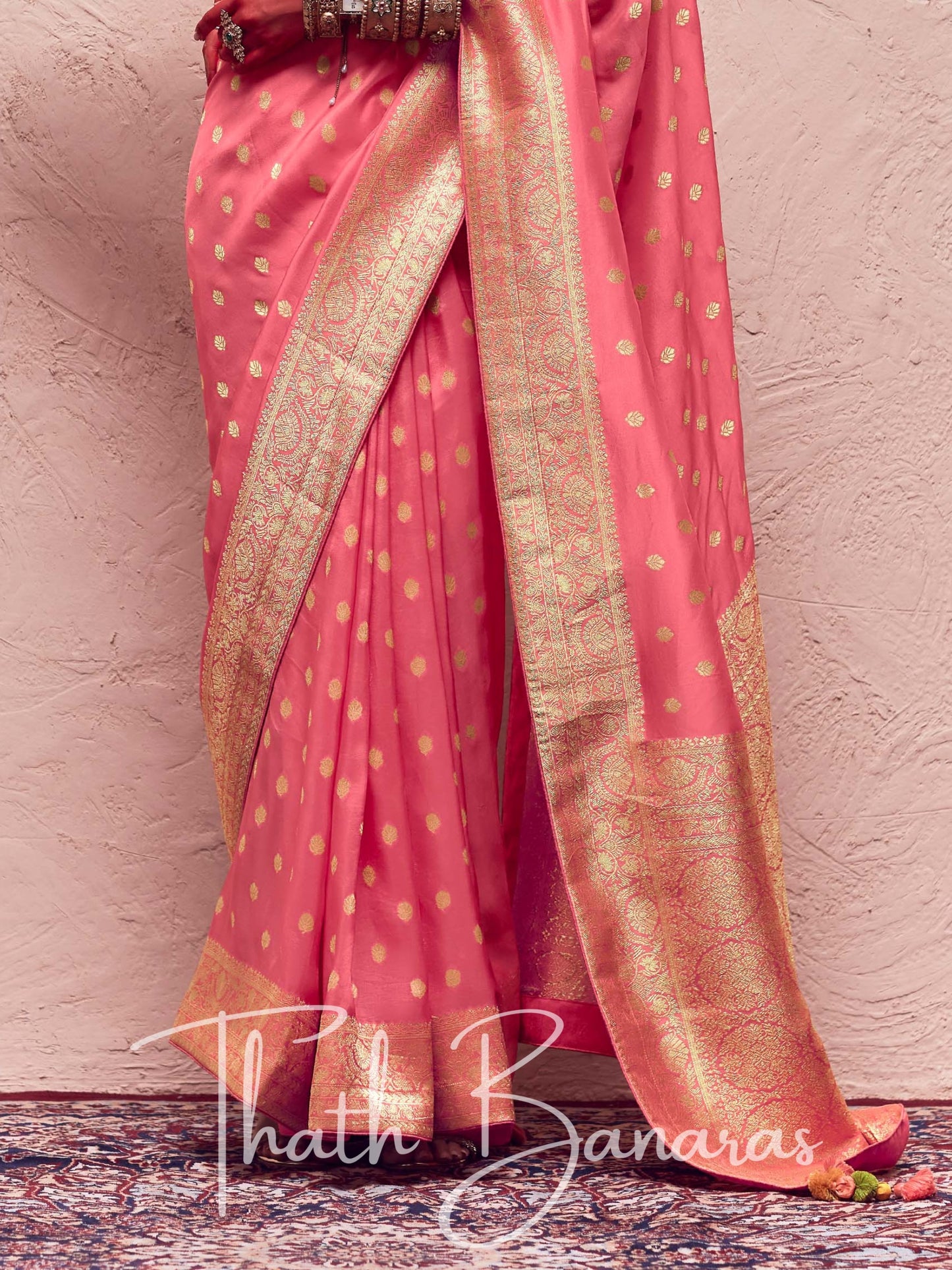 Taffy Pink Pure Crepe Zari Weaving Dola Silk With Tussales & Zari Weaving Blouse