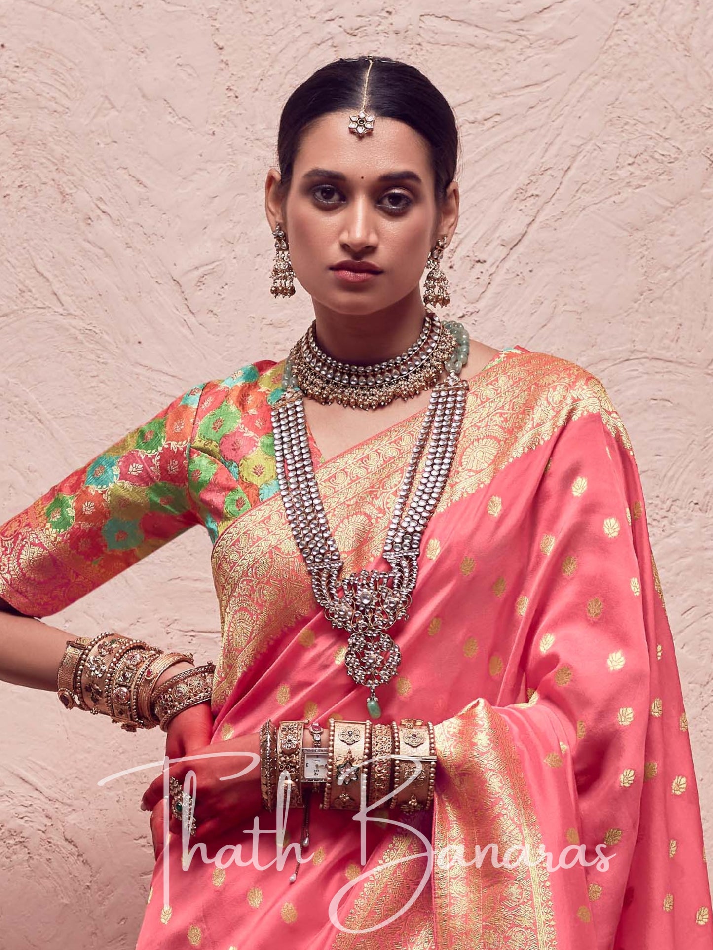 Taffy Pink Pure Crepe Zari Weaving Dola Silk With Tussales & Zari Weaving Blouse
