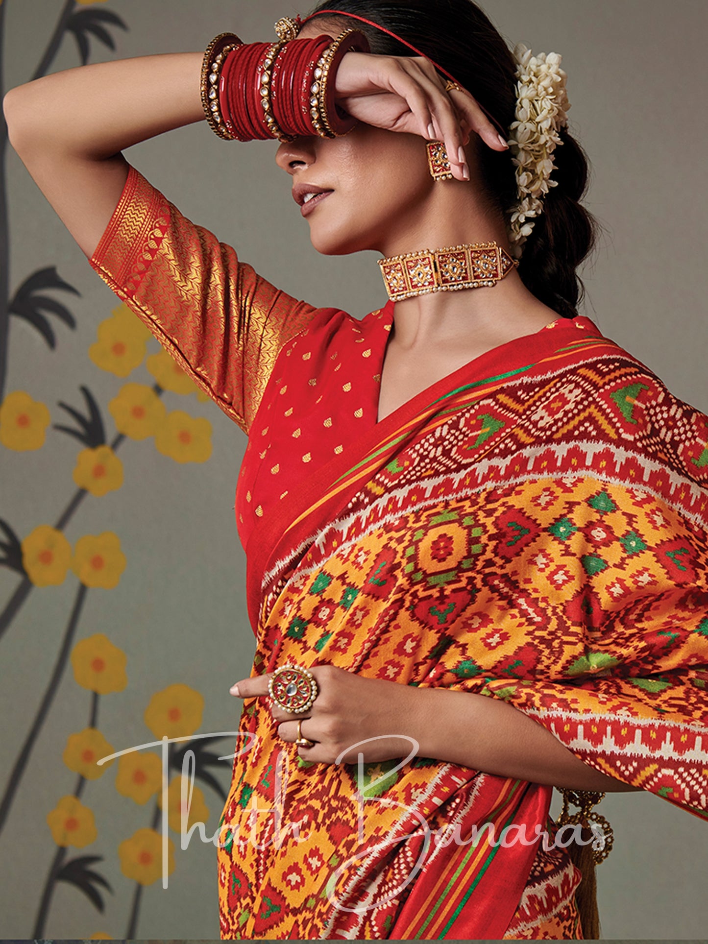 Red and yellow Soft Tusser Silk Patola