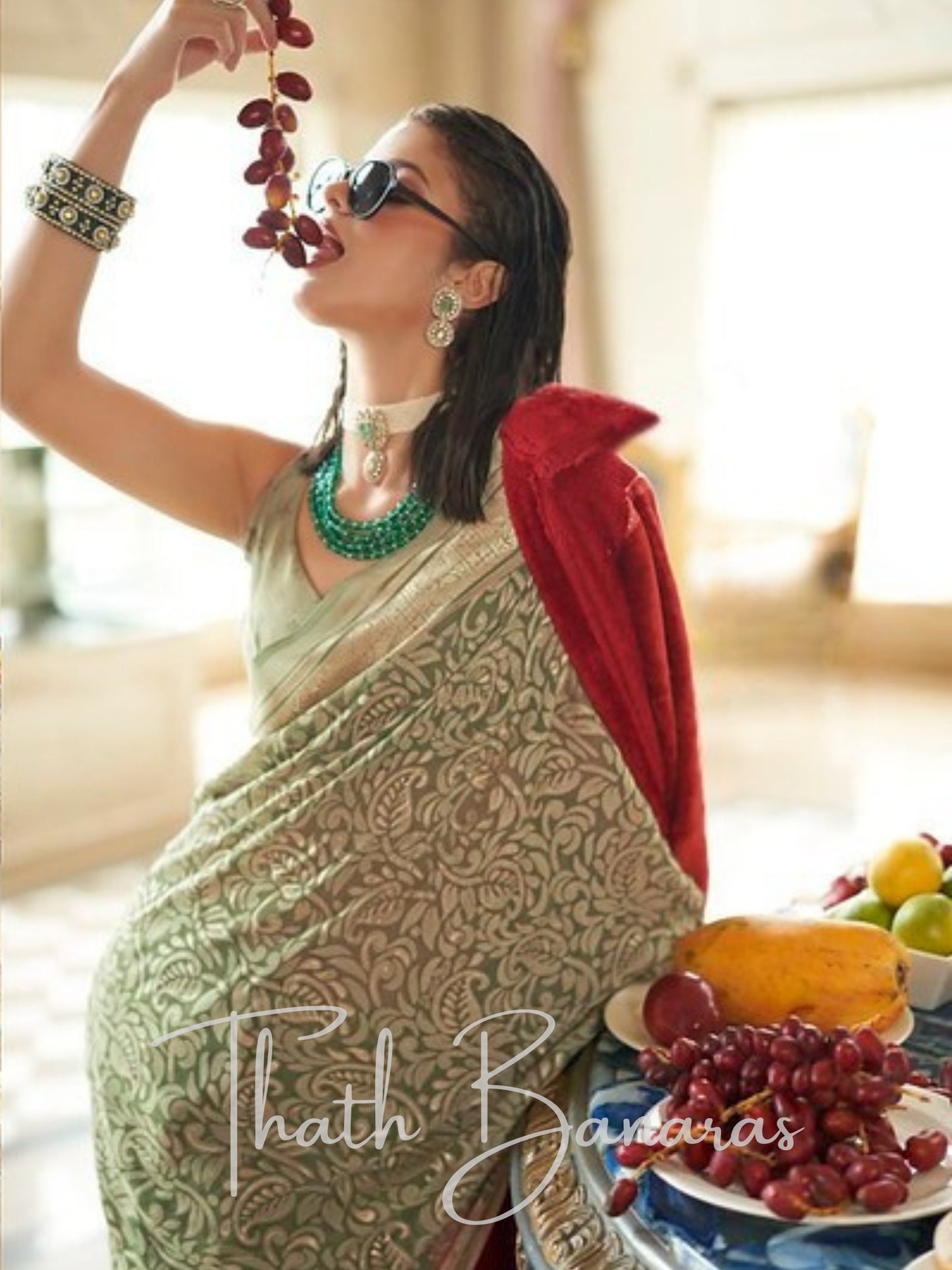 Enchanting Blossom Sage Green Georgette Saree