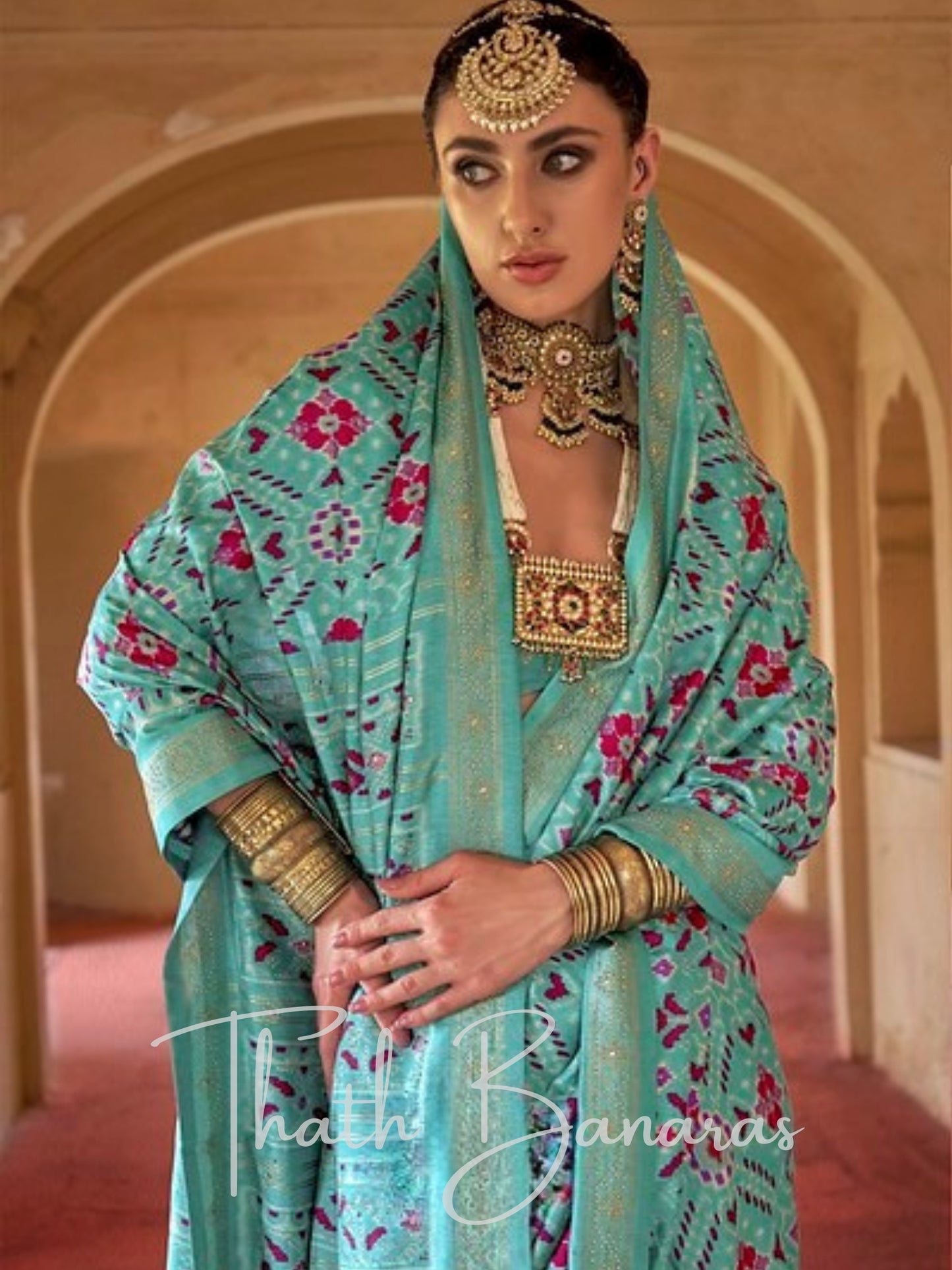 Sky Blue Patola Silk Saree with Ikat Weave