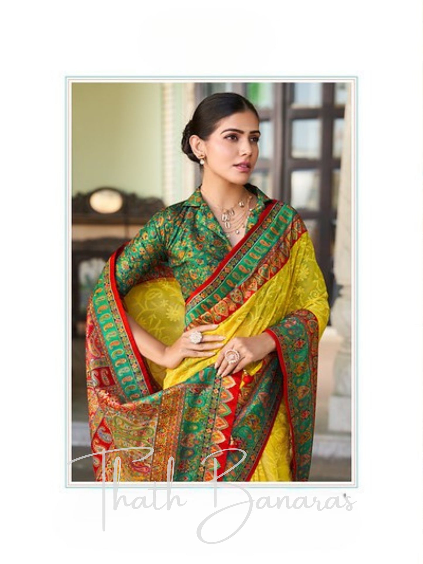 Yellow Georgette Lucknawi Saree with Exquisite Pashmina Foil Print