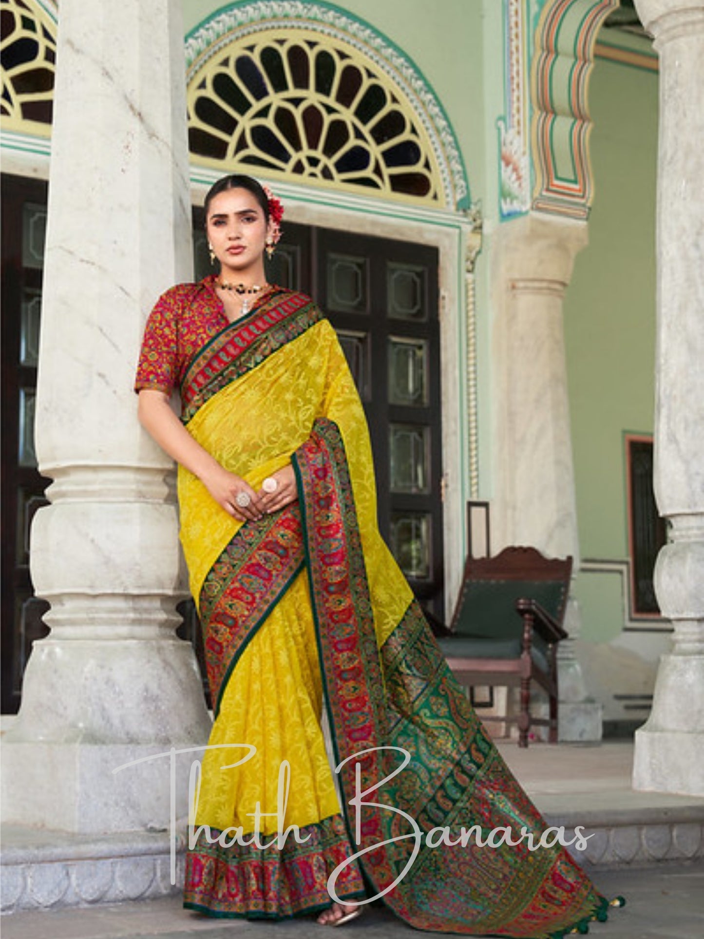 Yellow Lucknowi Georgette Saree with Pashmina Foil Print