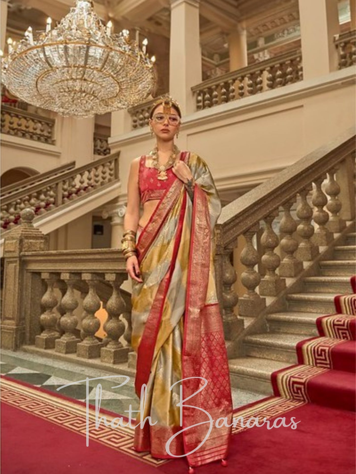 Elegant Gold and Grey Satin Silk Saree