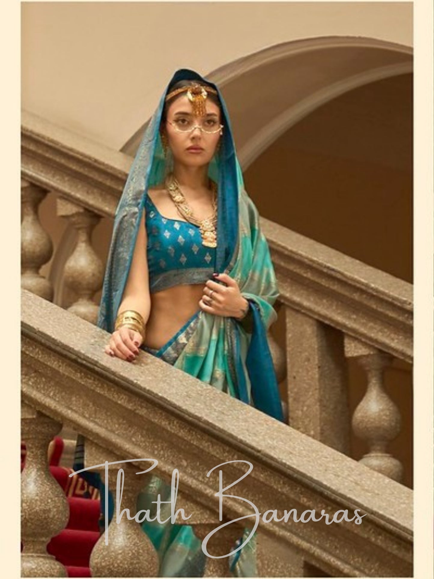 Exquisite Teal & Gold Blended Gaji Satin Silk Saree