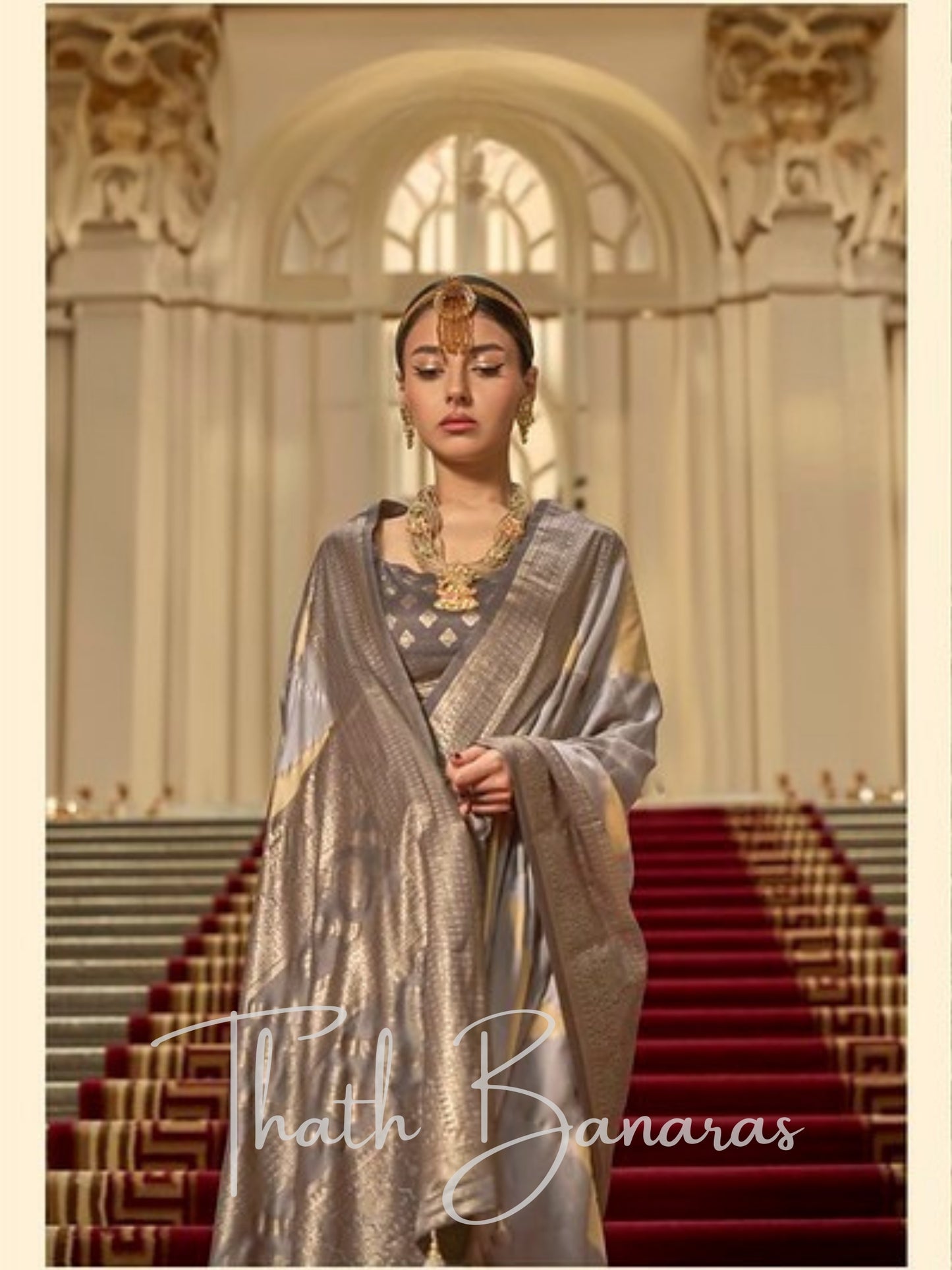 The Radiant Grey & Gold Gaji Satin Silk Saree