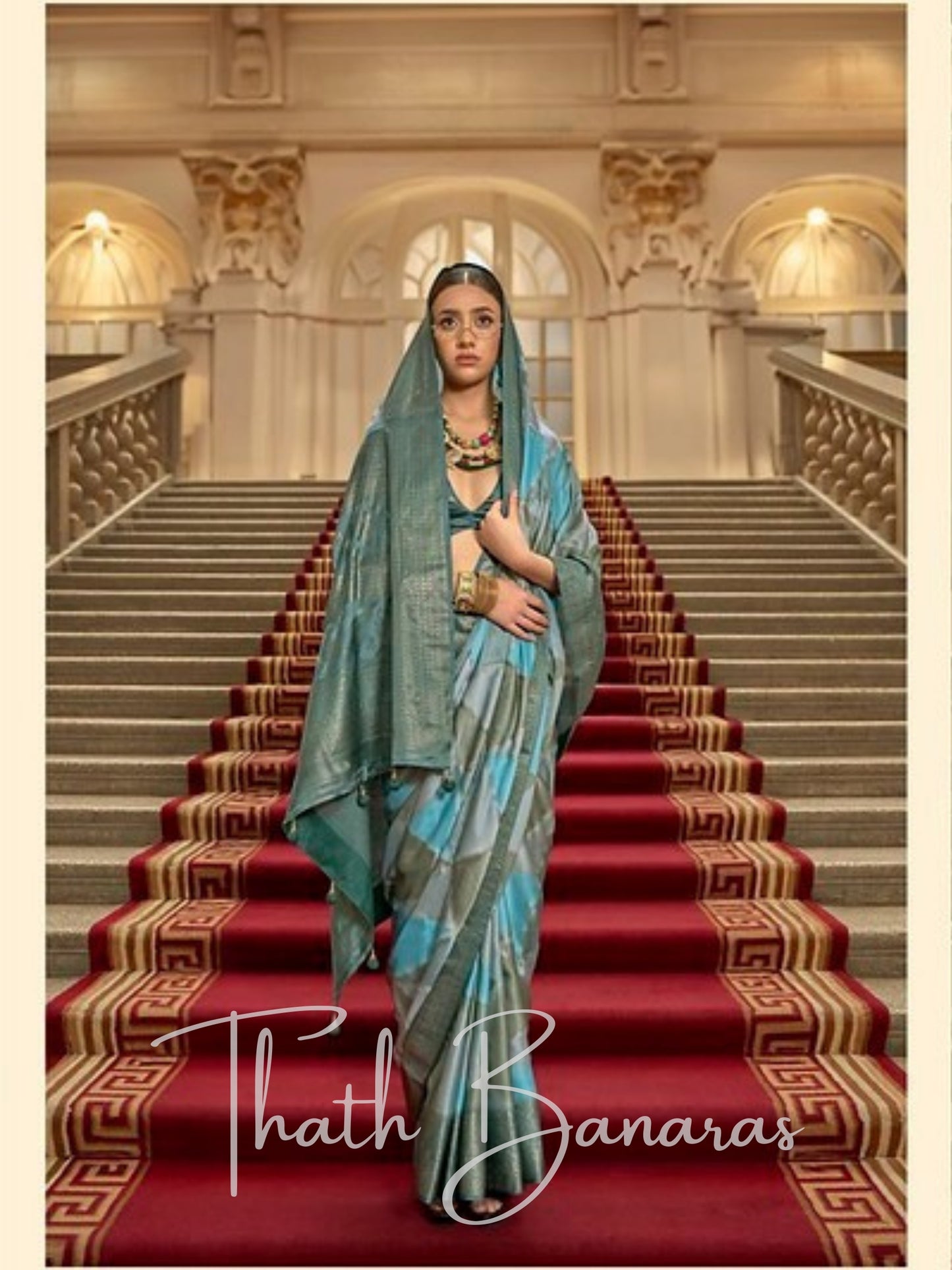 Luxurious Grey-Blue Gaji Satin Silk Saree Collection