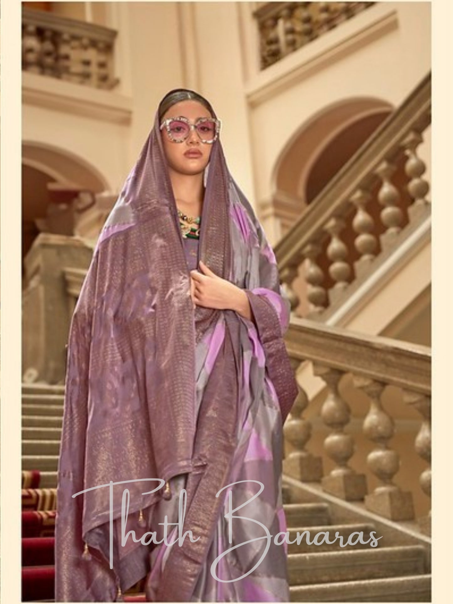 The Shimmering purple and serene grey Satin Silk Saree