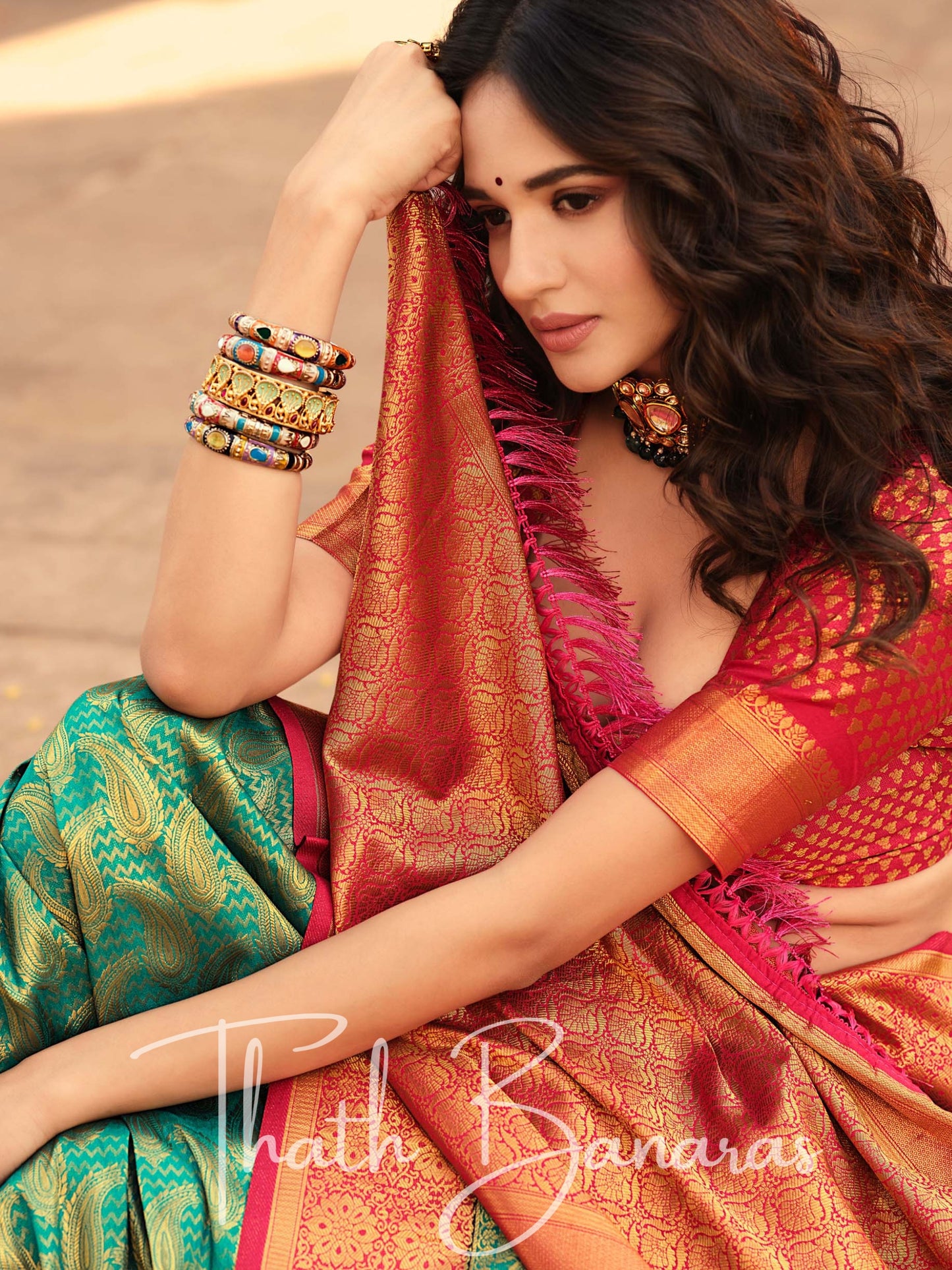 Rama Green and Pink Soft Kanjivaram Chhap Dying Saree
