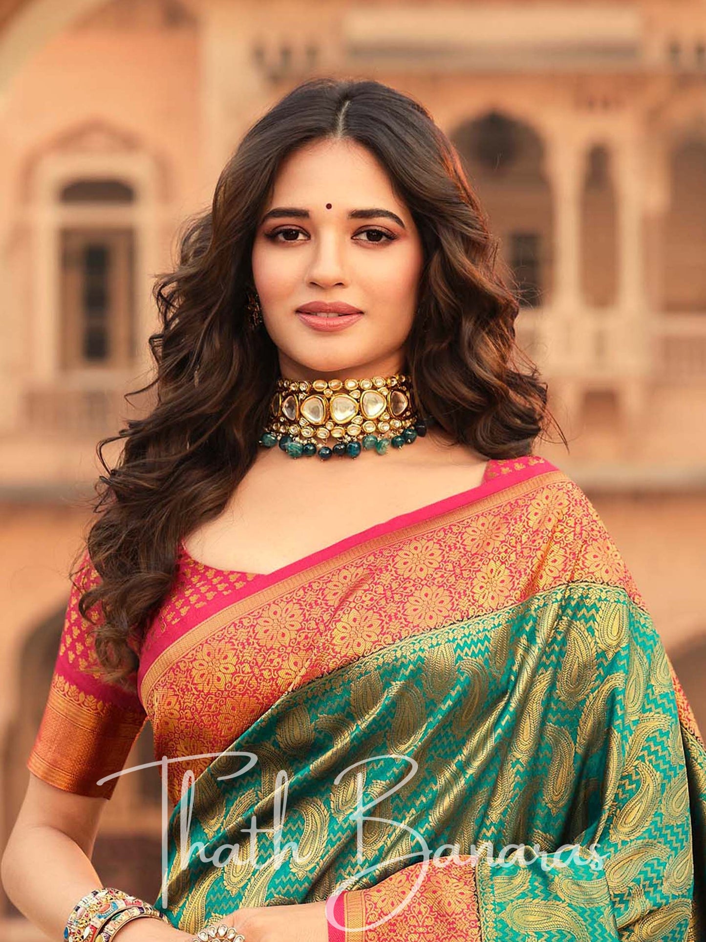 Rama Green and Pink Soft Kanjivaram Chhap Dying Saree