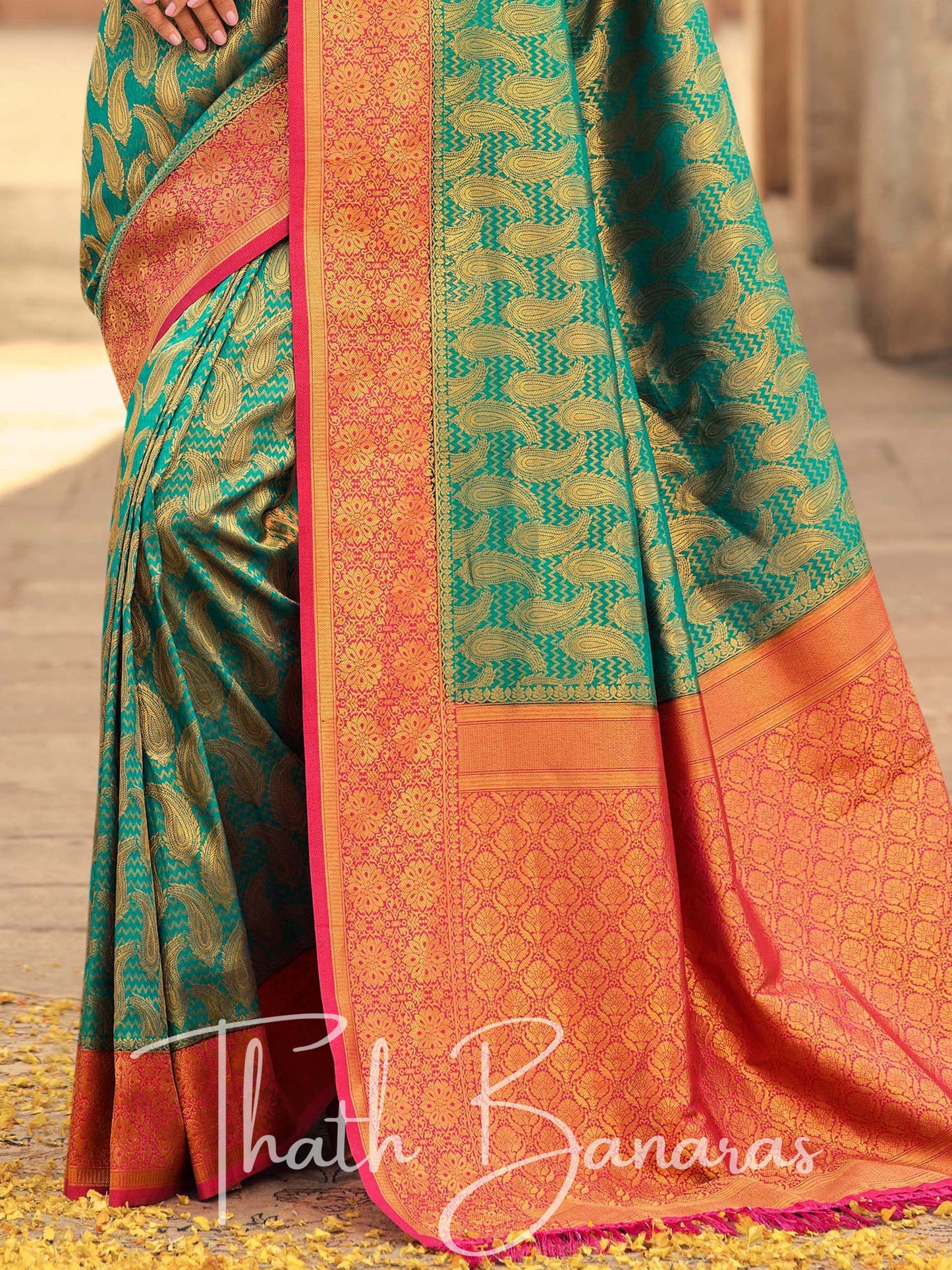 Rama Green and Pink Soft Kanjivaram Chhap Dying Saree