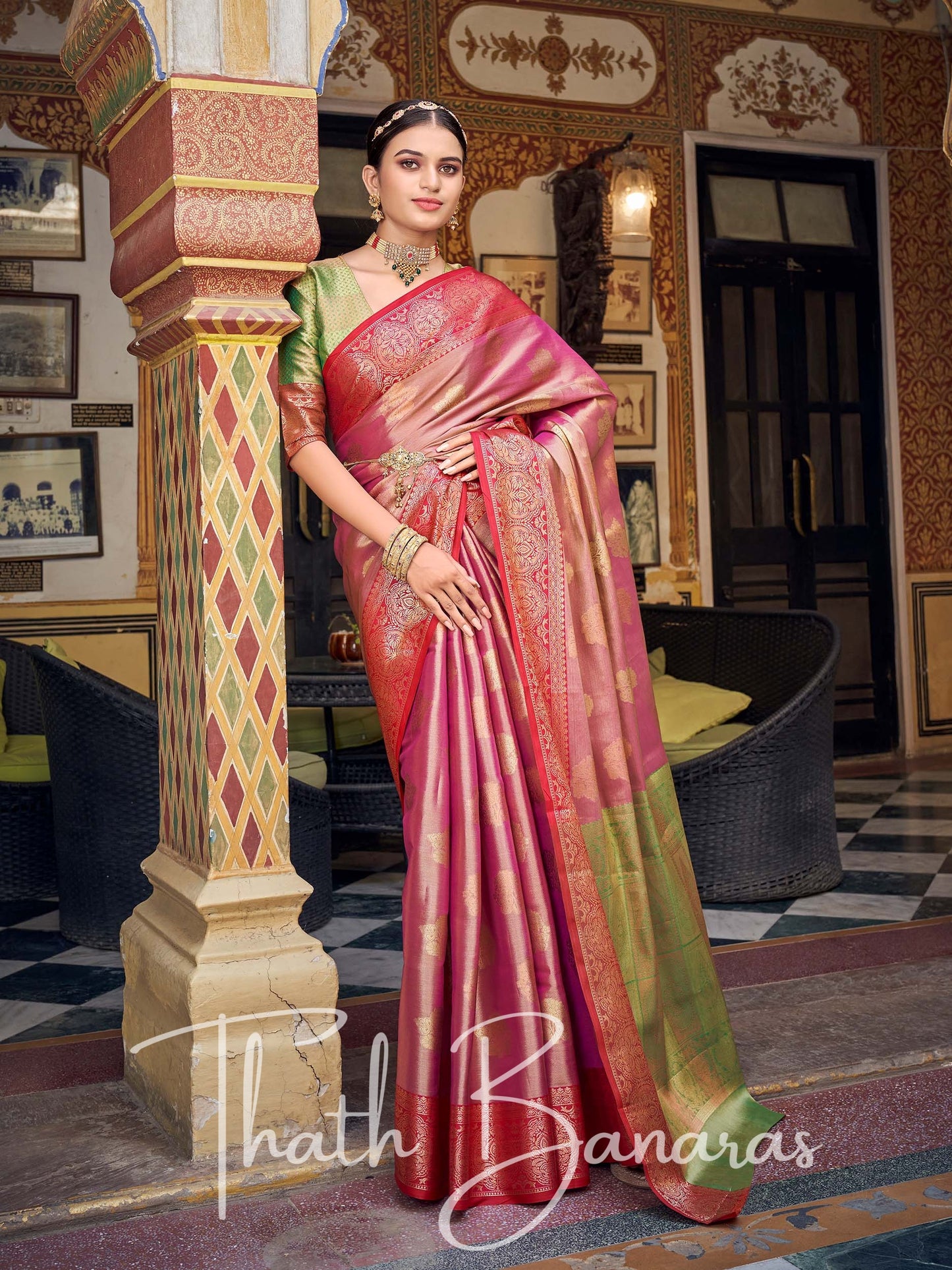 Taffy Pink Gota Work Pure Kanchipuram Handloom Tissue Silk Saree