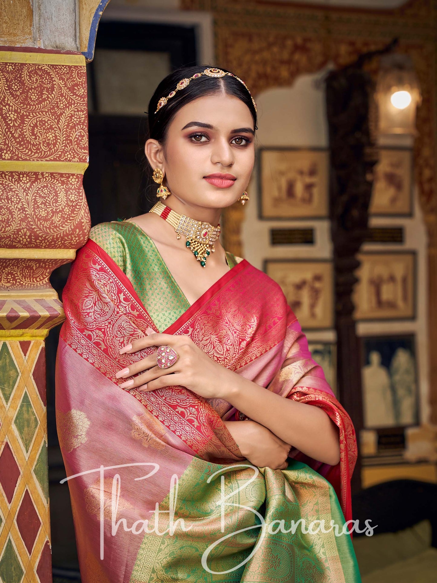Taffy Pink Gota Work Pure Kanchipuram Handloom Tissue Silk Saree