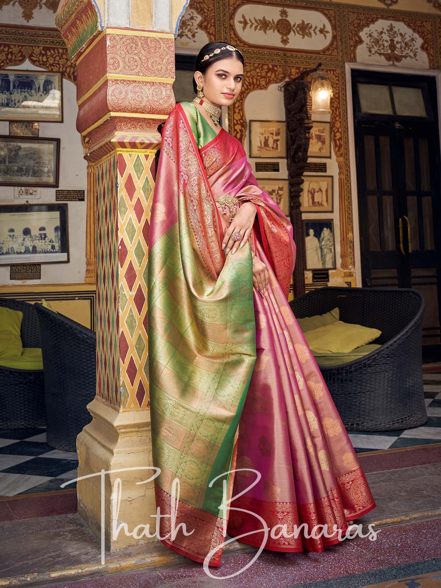 Taffy Pink Gota Work Pure Kanchipuram Handloom Tissue Silk Saree