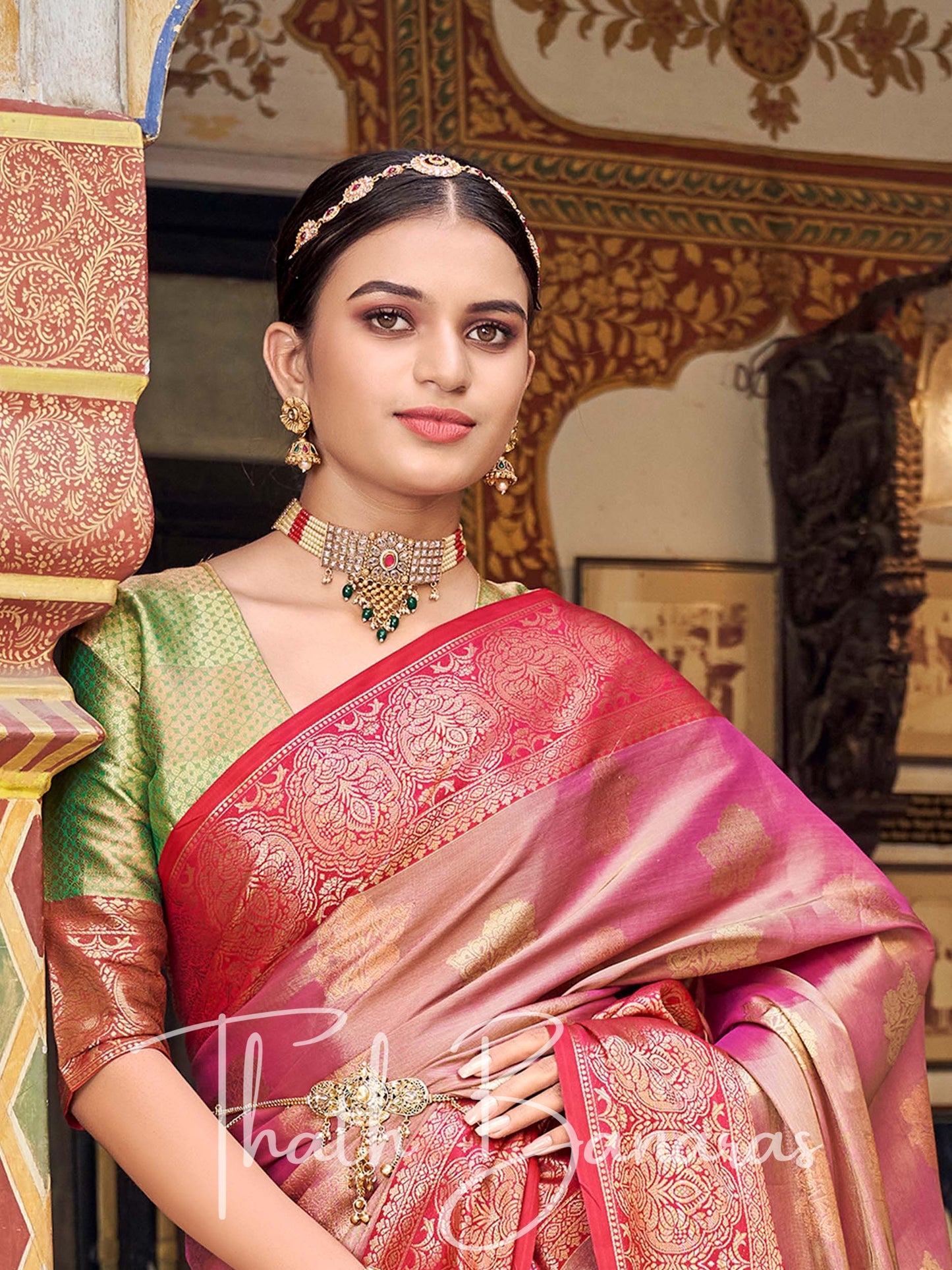 Taffy Pink Gota Work Pure Kanchipuram Handloom Tissue Silk Saree