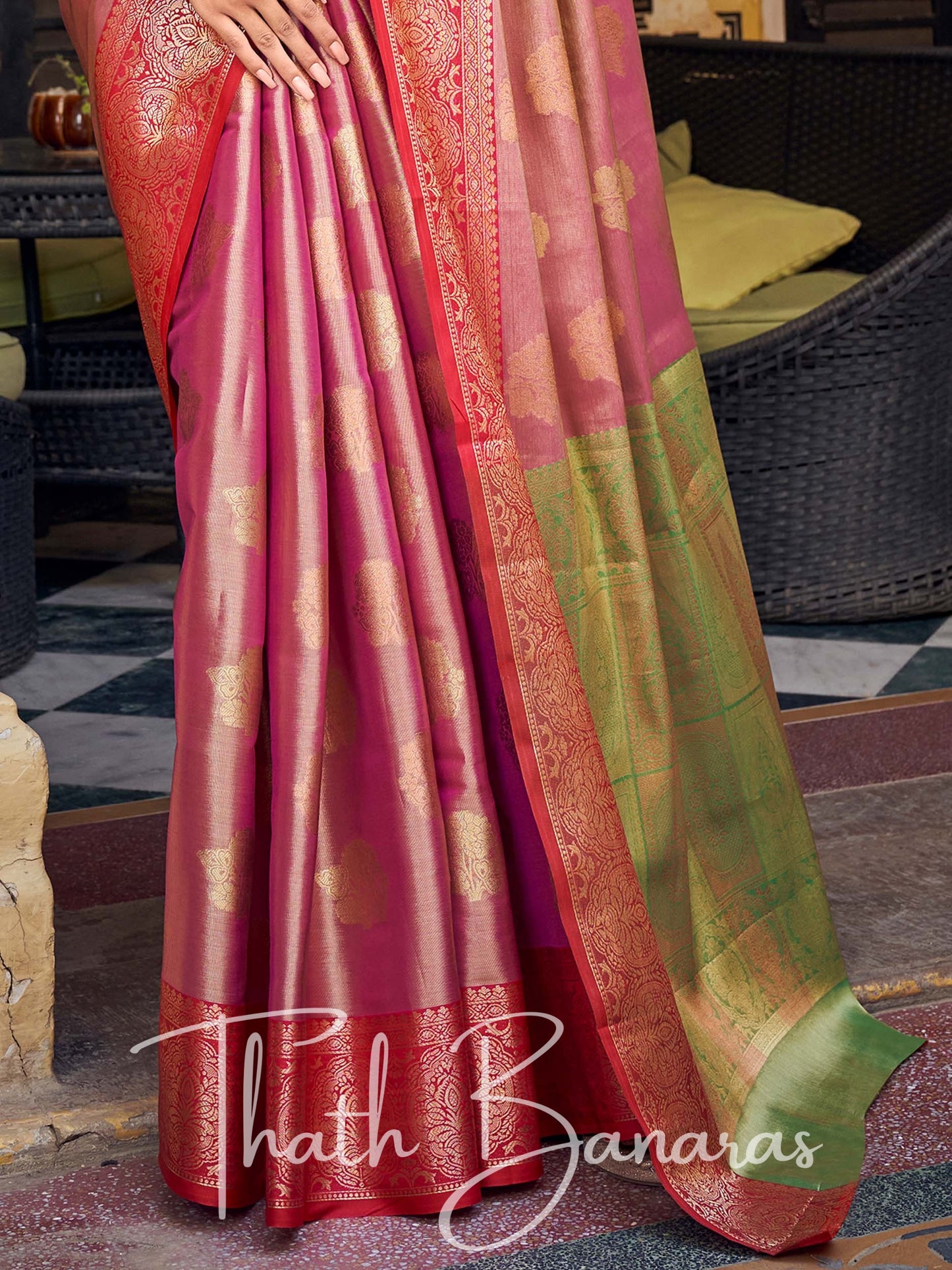 Taffy Pink Gota Work Pure Kanchipuram Handloom Tissue Silk Saree