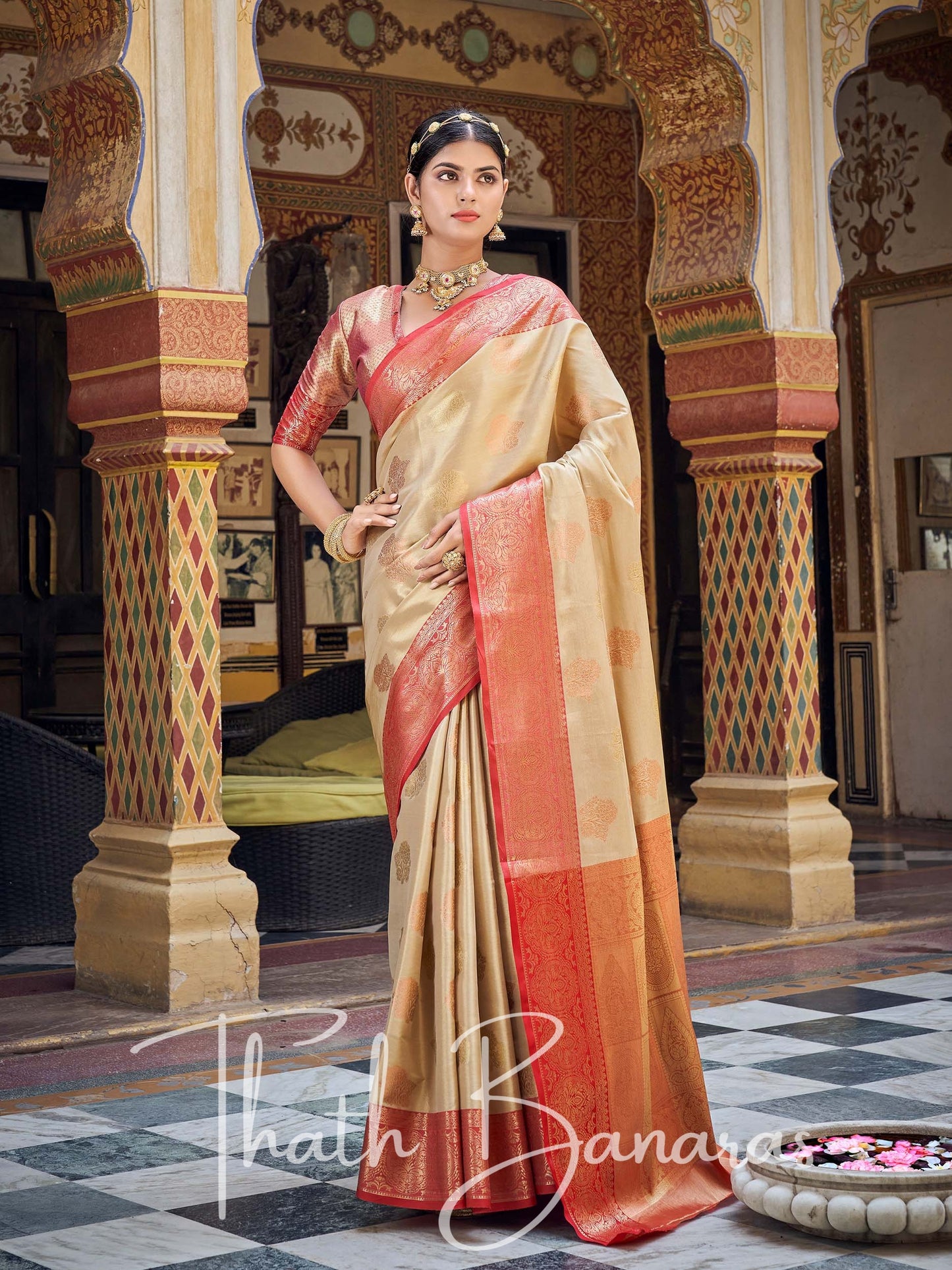 Brandy Cream Gota Work Pure Kanchipuram Handloom Tissue Silk Saree
