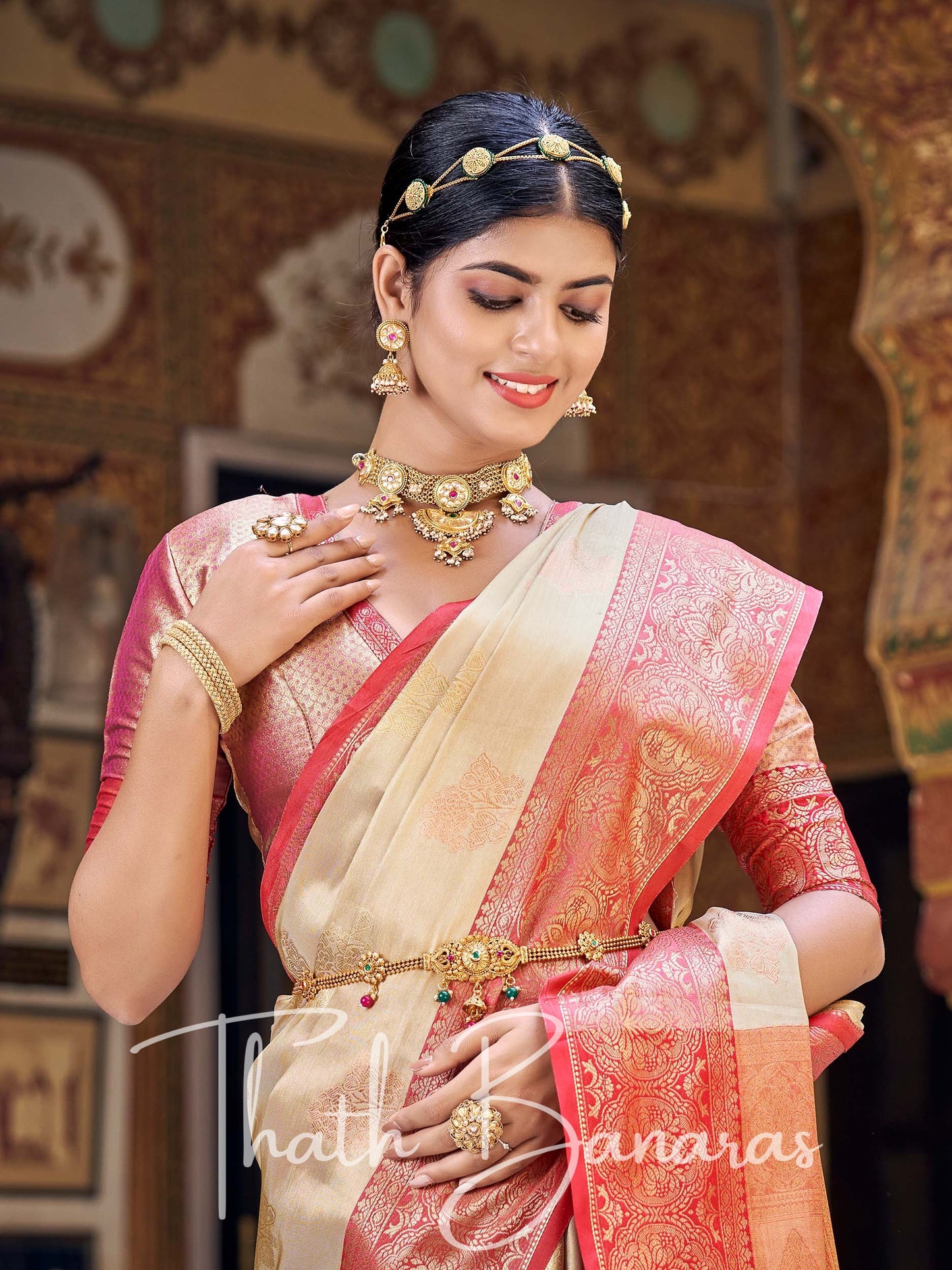 Brandy Cream Gota Work Pure Kanchipuram Handloom Tissue Silk Saree