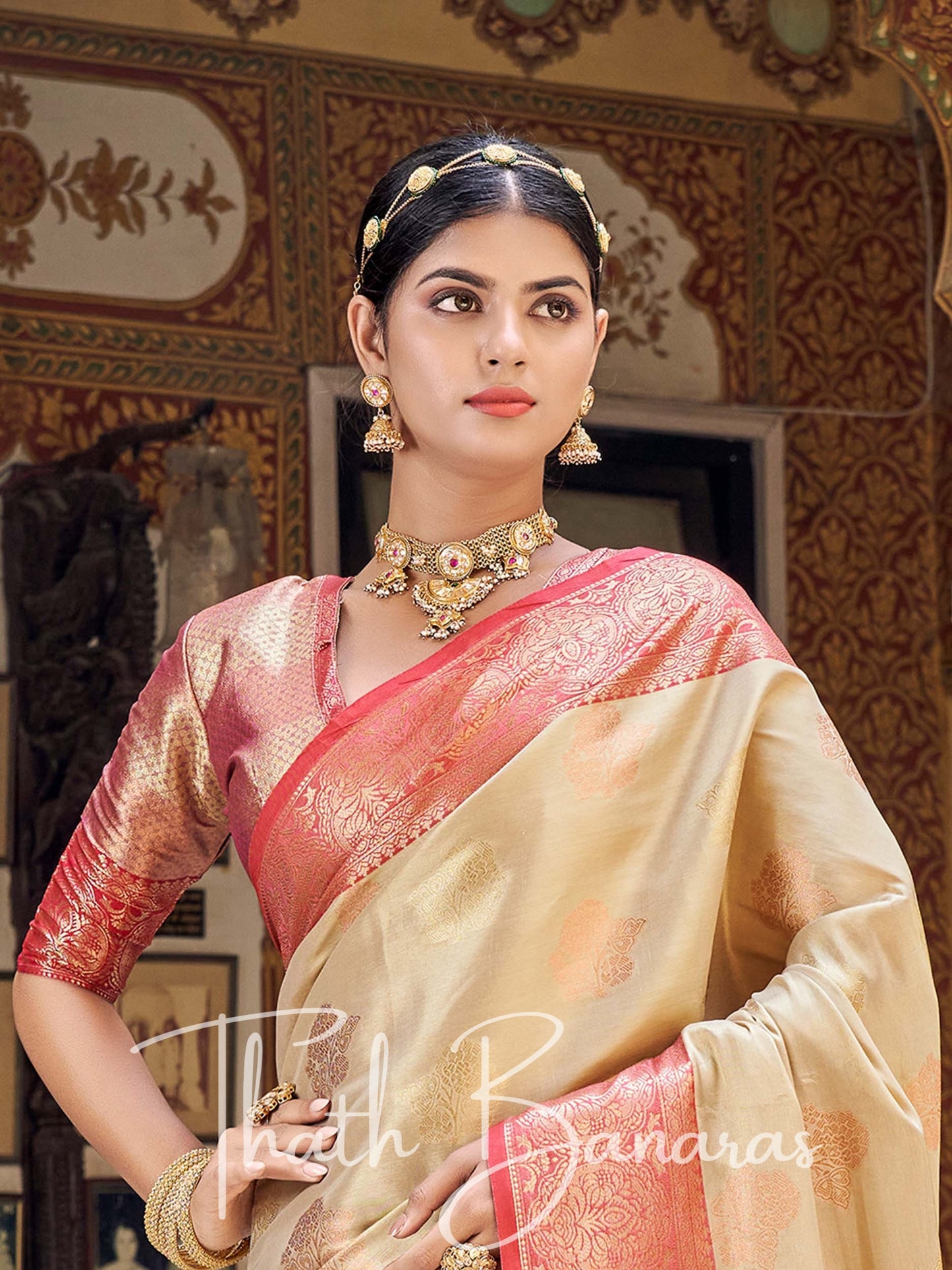 Brandy Cream Gota Work Pure Kanchipuram Handloom Tissue Silk Saree
