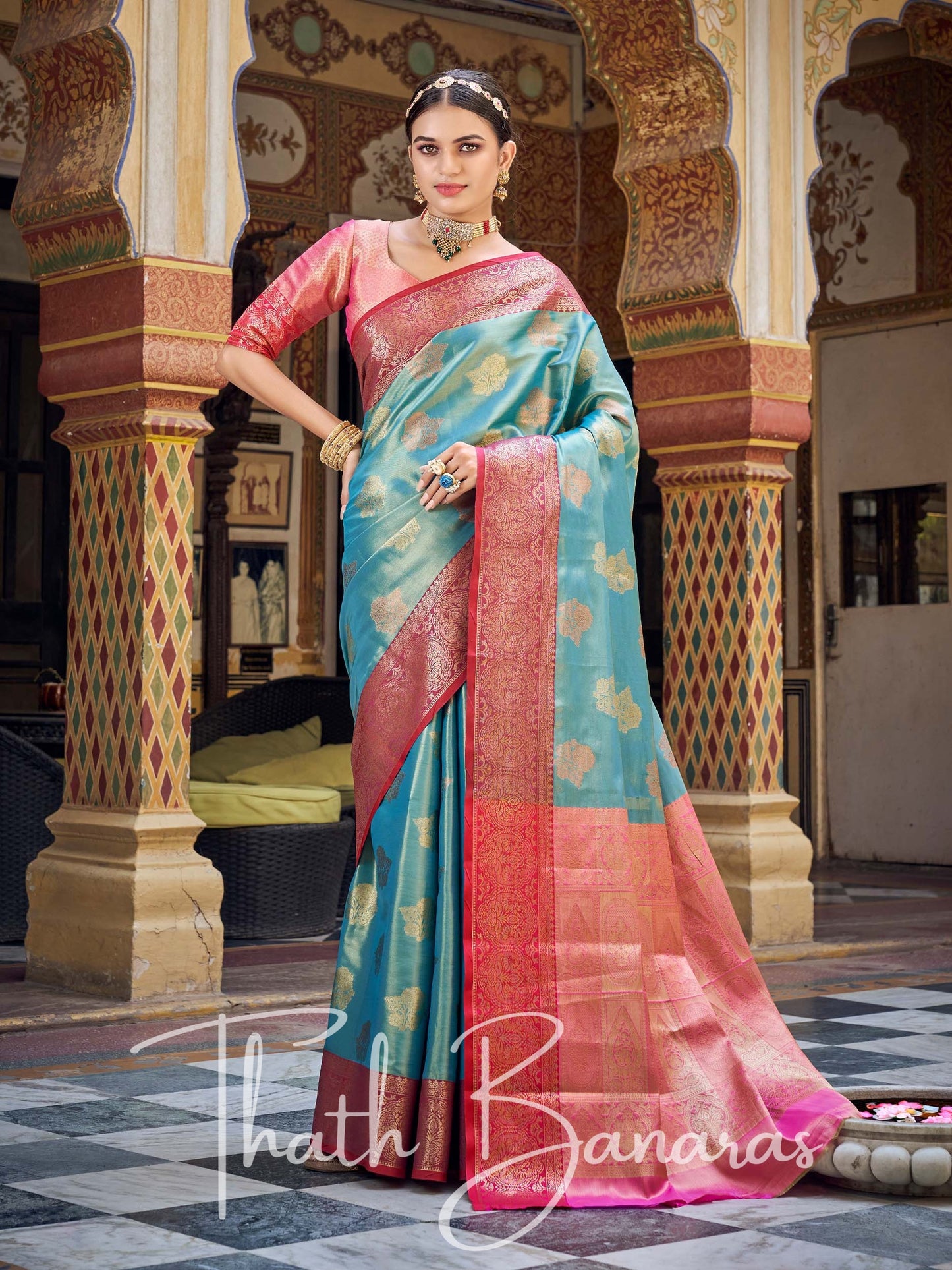 Neptune Blue Gota Work Pure Kanchipuram Handloom Tissue Silk Saree