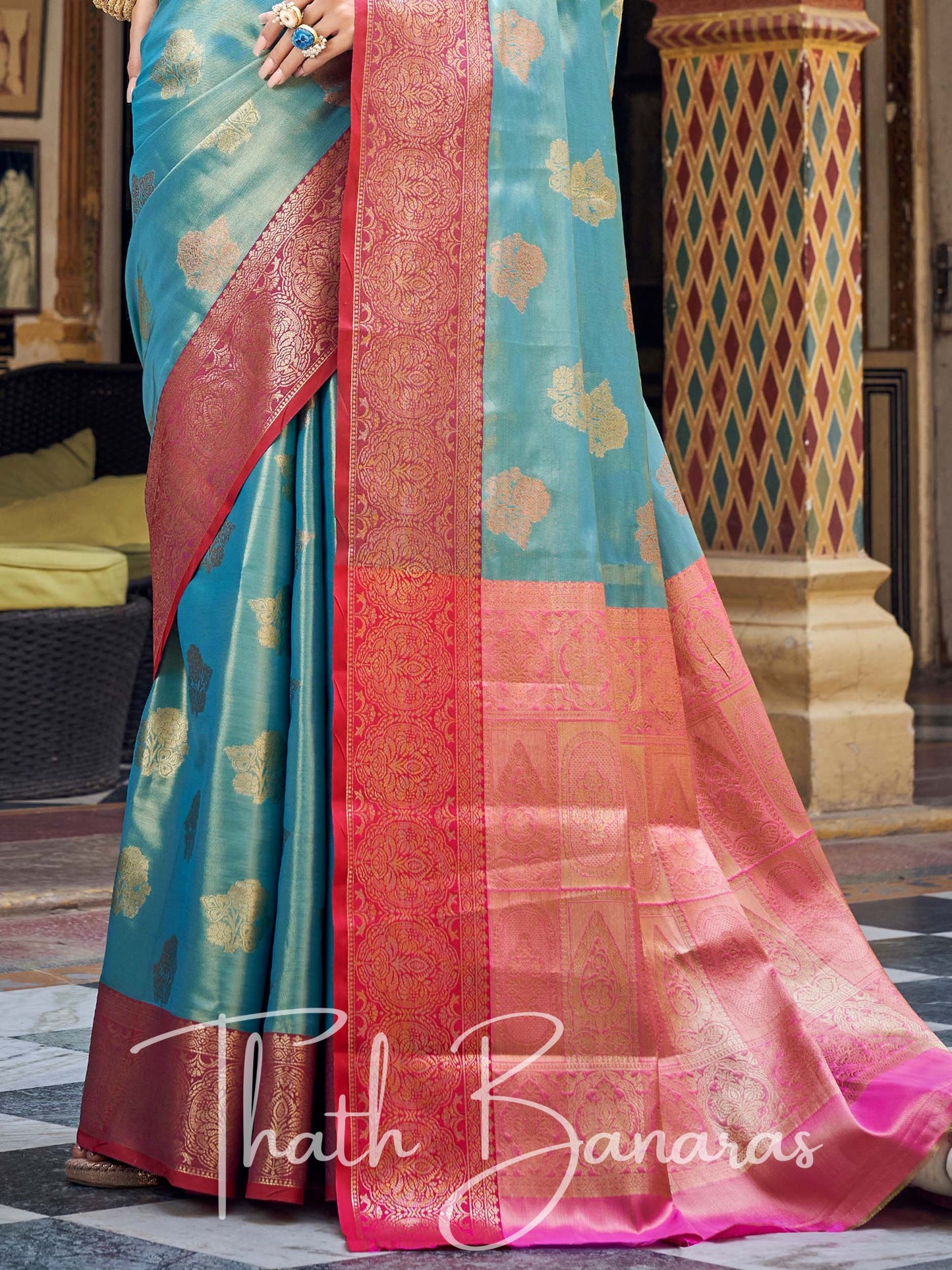Neptune Blue Gota Work Pure Kanchipuram Handloom Tissue Silk Saree