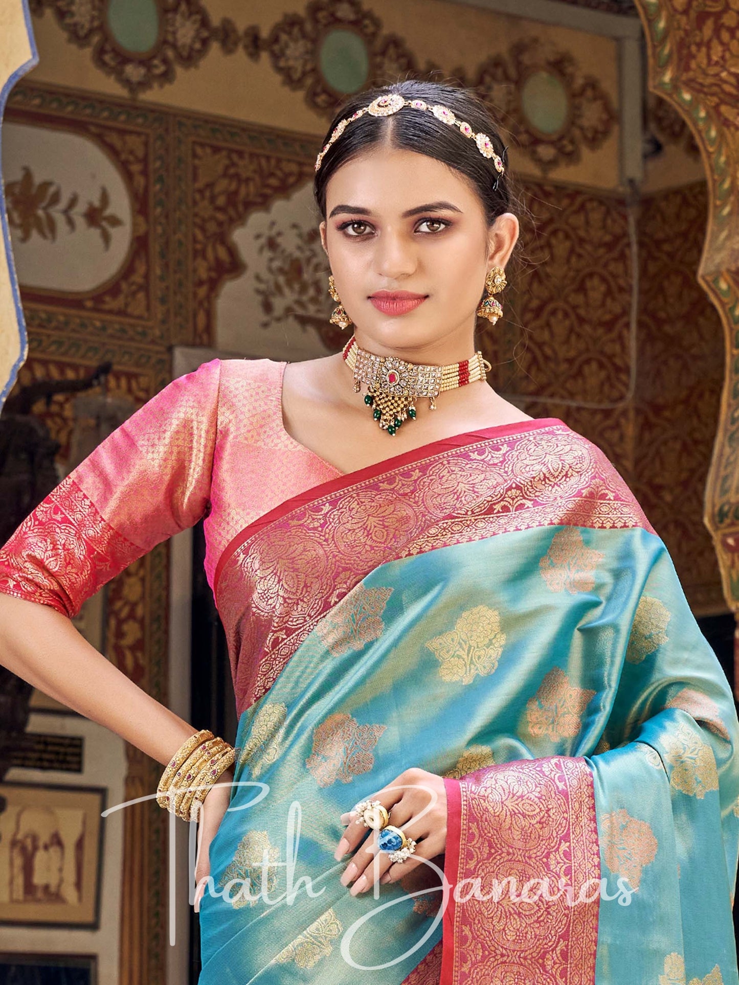 Neptune Blue Gota Work Pure Kanchipuram Handloom Tissue Silk Saree