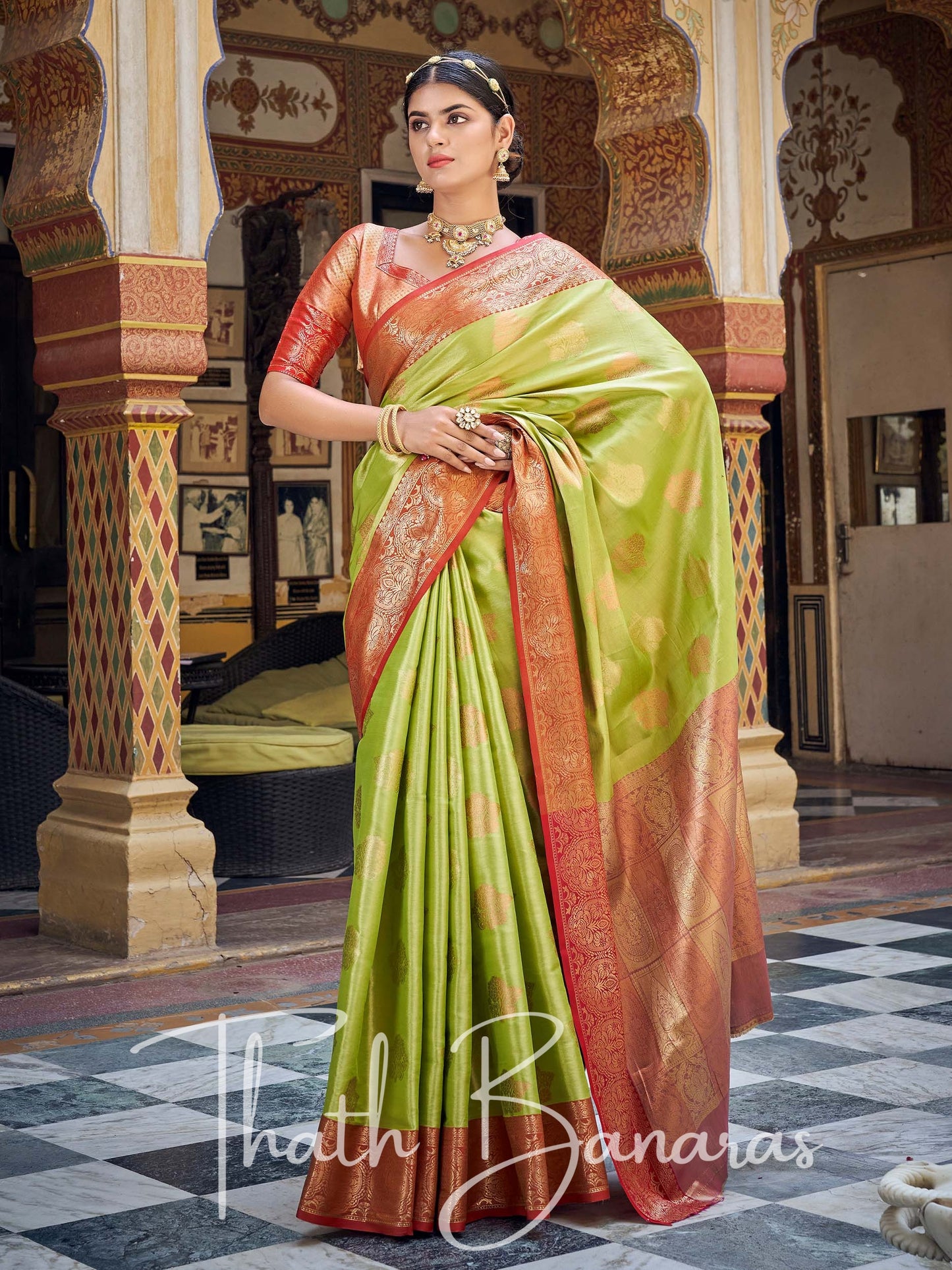 Pear Green Gota Work Pure Kanchipuram Handloom Tissue Silk Saree