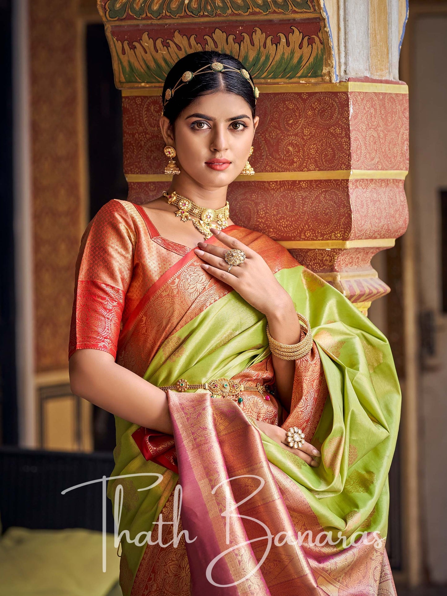 Pear Green Gota Work Pure Kanchipuram Handloom Tissue Silk Saree