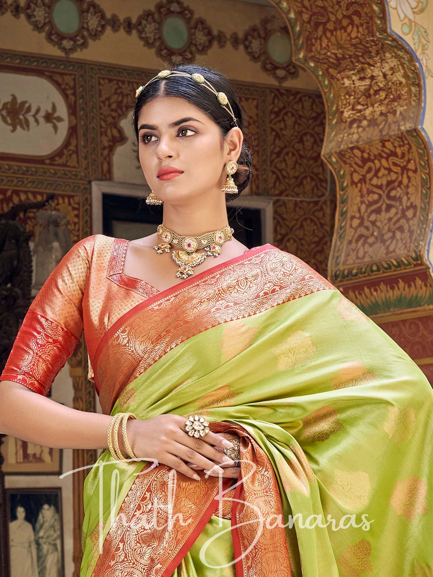 Pear Green Gota Work Pure Kanchipuram Handloom Tissue Silk Saree