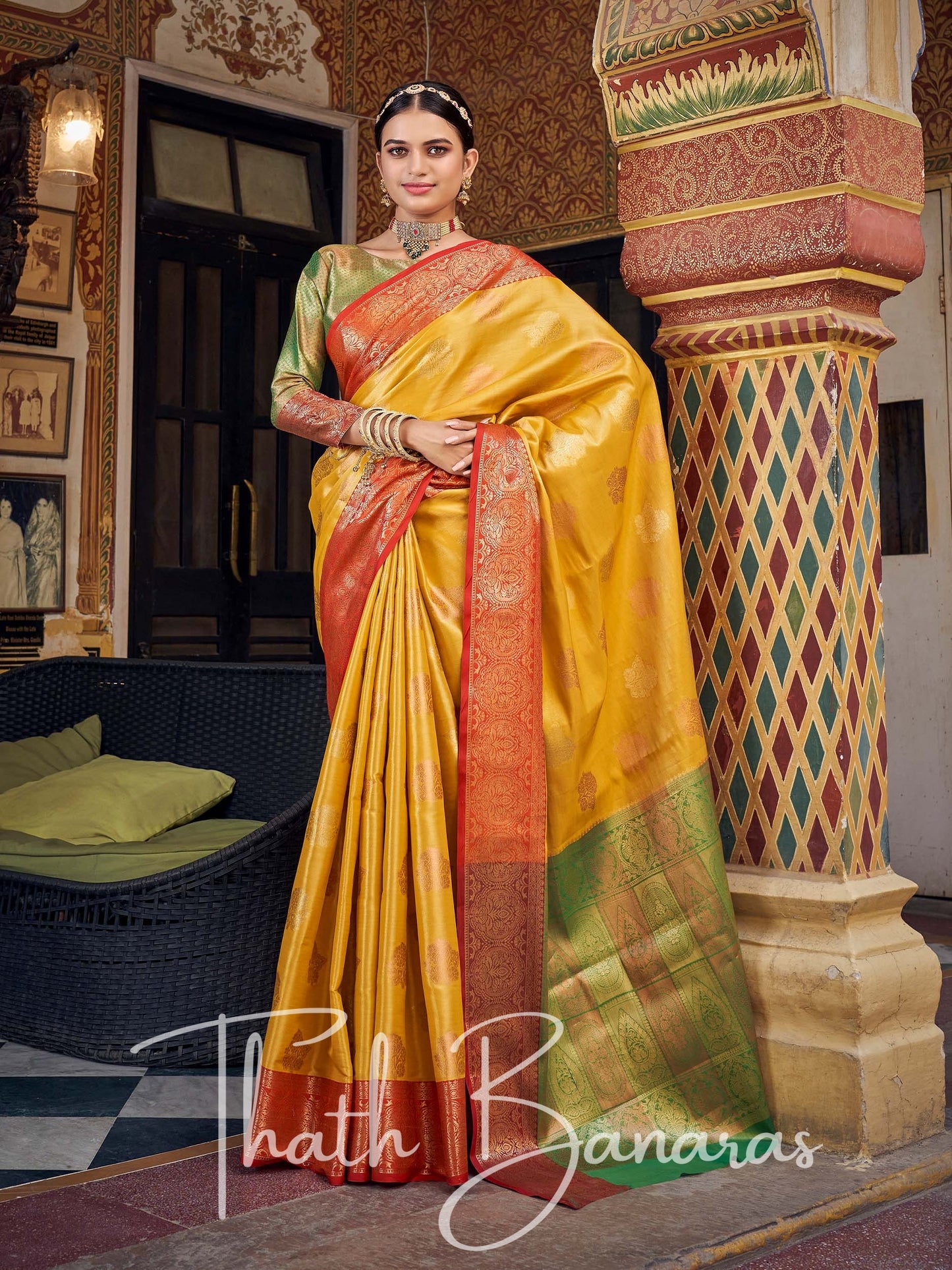 Mustard Yellow Gota Work Pure Kanchipuram Handloom Tissue Silk Saree