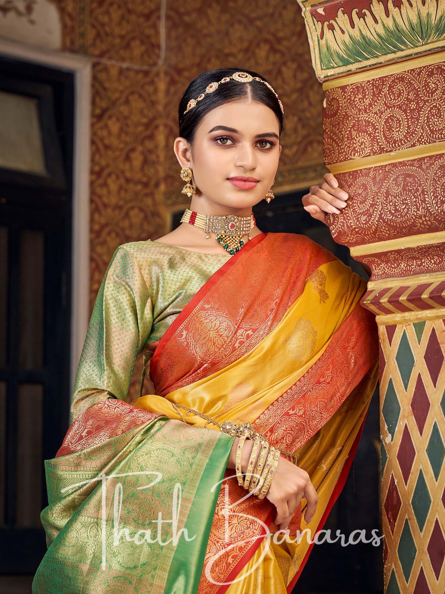 Mustard Yellow Gota Work Pure Kanchipuram Handloom Tissue Silk Saree