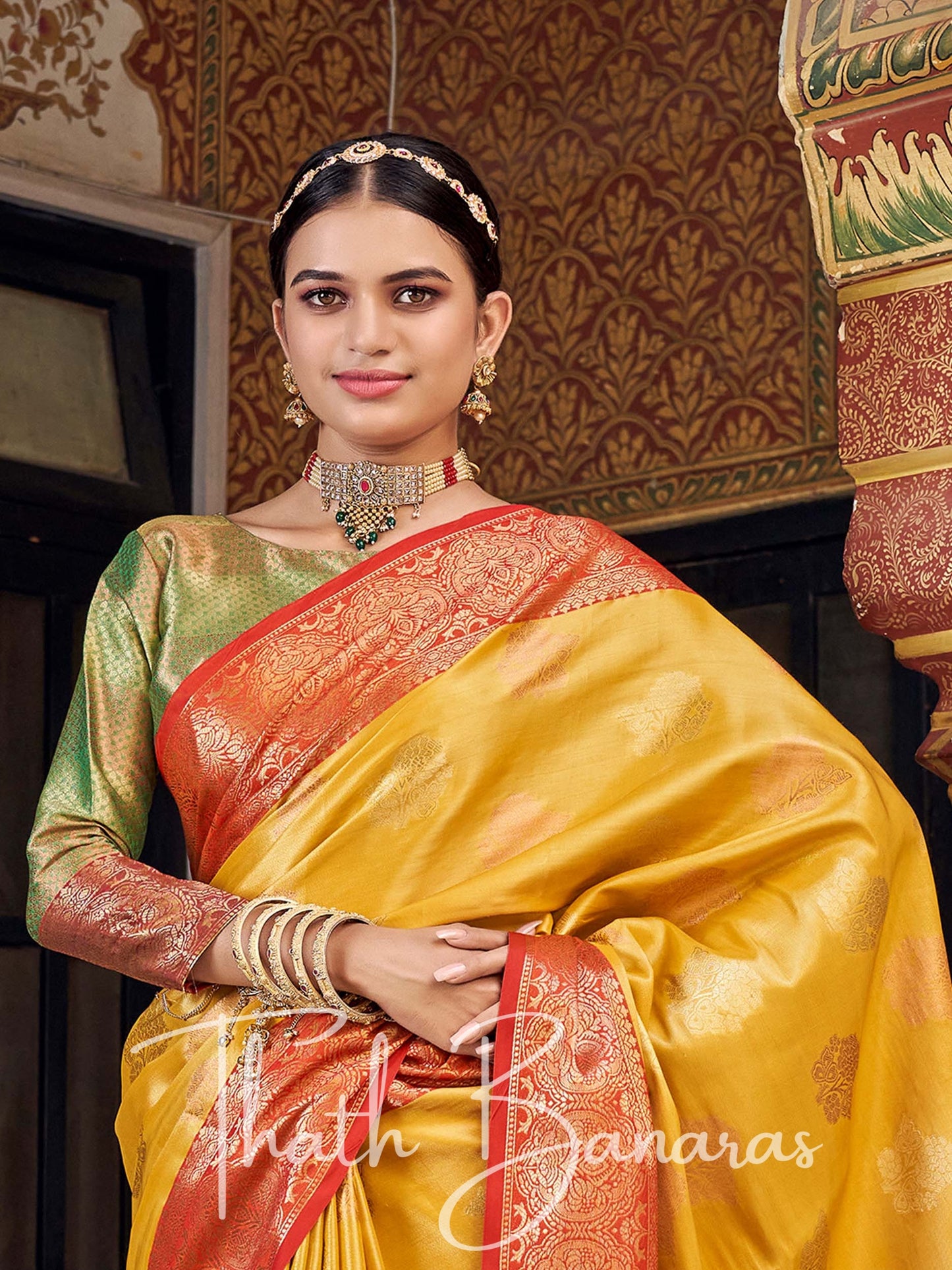 Mustard Yellow Gota Work Pure Kanchipuram Handloom Tissue Silk Saree
