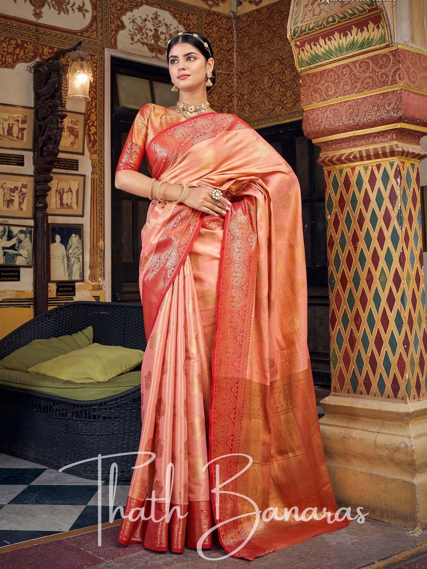 Rose Peach Gota Work Pure Kanchipuram Handloom Tissue Silk Saree