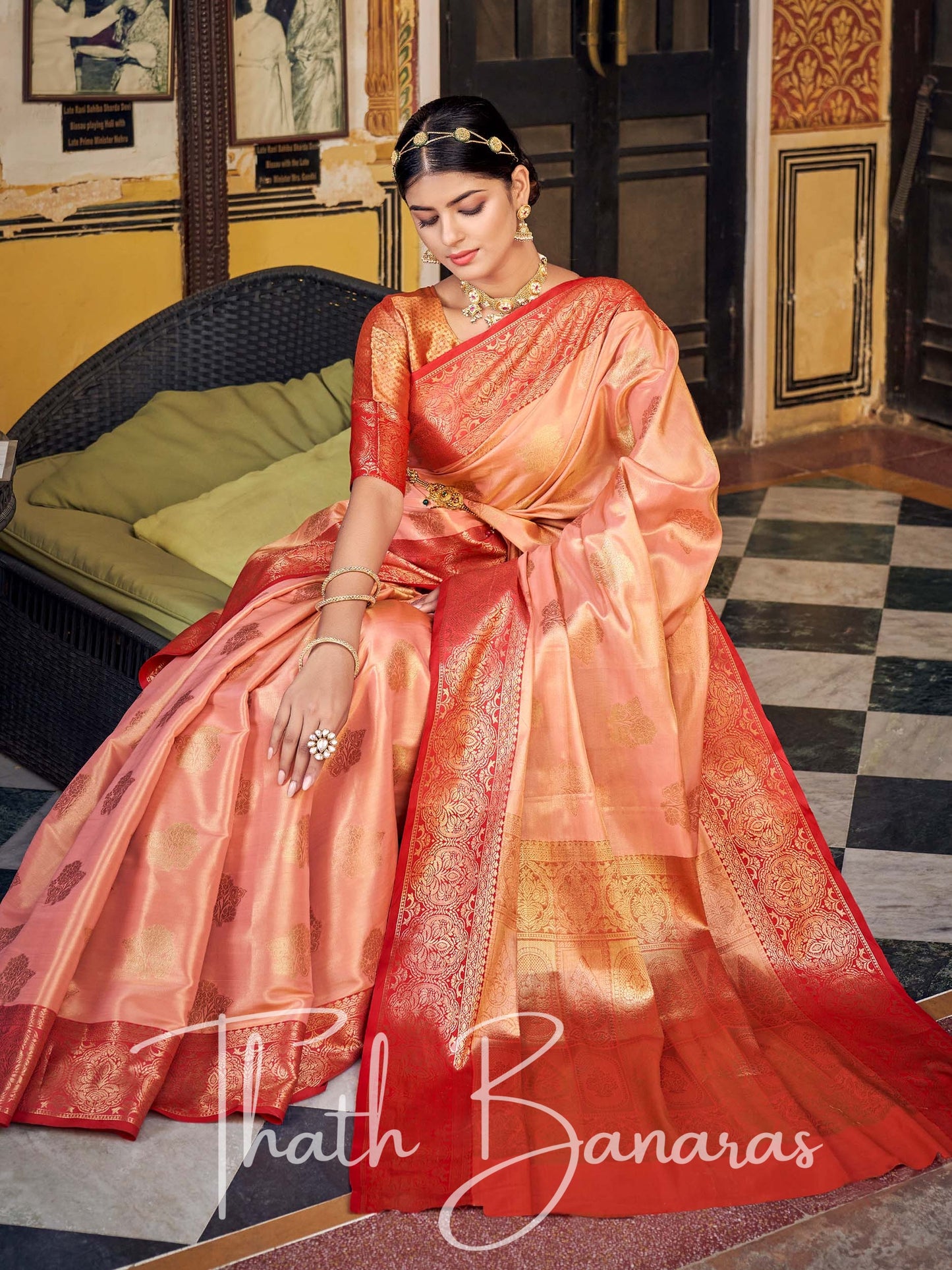 Rose Peach Gota Work Pure Kanchipuram Handloom Tissue Silk Saree