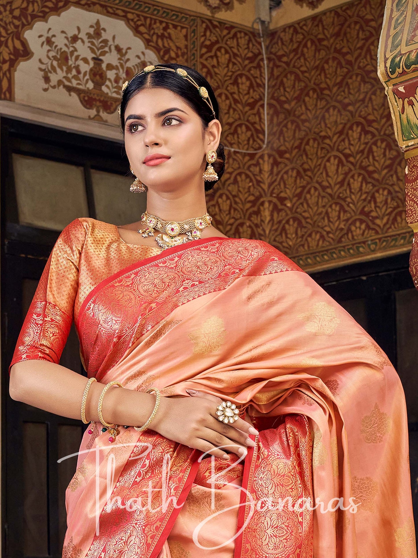 Rose Peach Gota Work Pure Kanchipuram Handloom Tissue Silk Saree