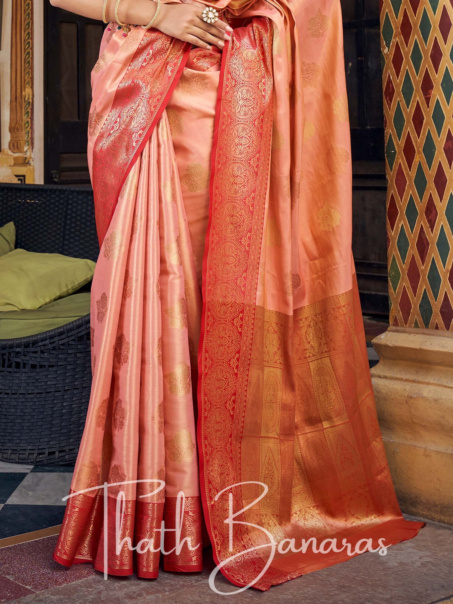 Rose Peach Gota Work Pure Kanchipuram Handloom Tissue Silk Saree