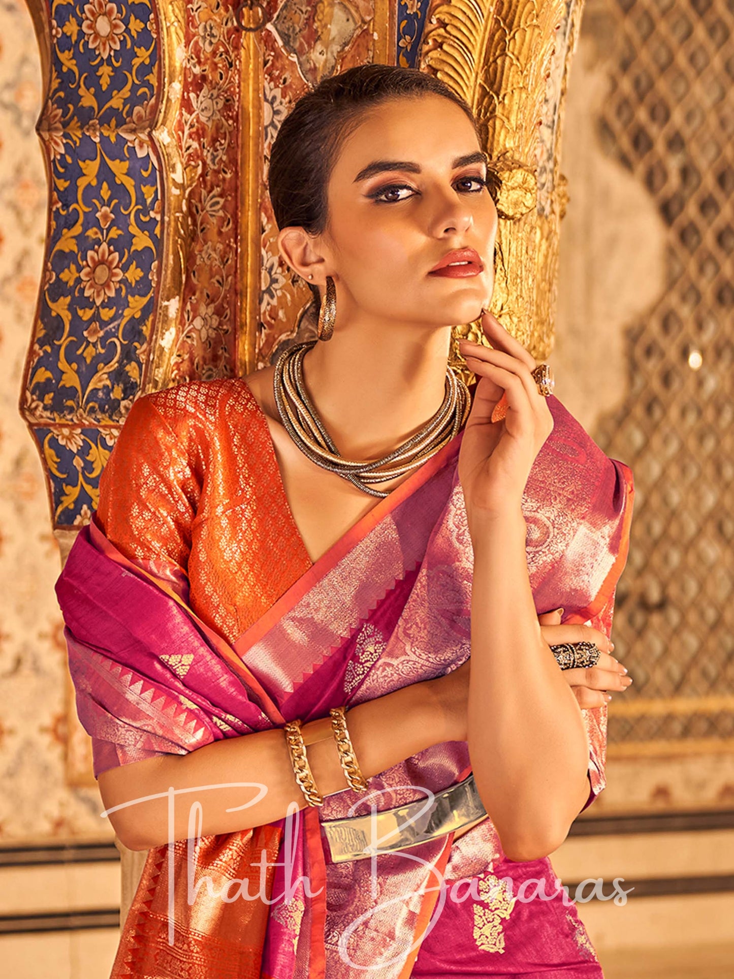 Magenta Pink Banarasi Weaving Tusser Silk Saree