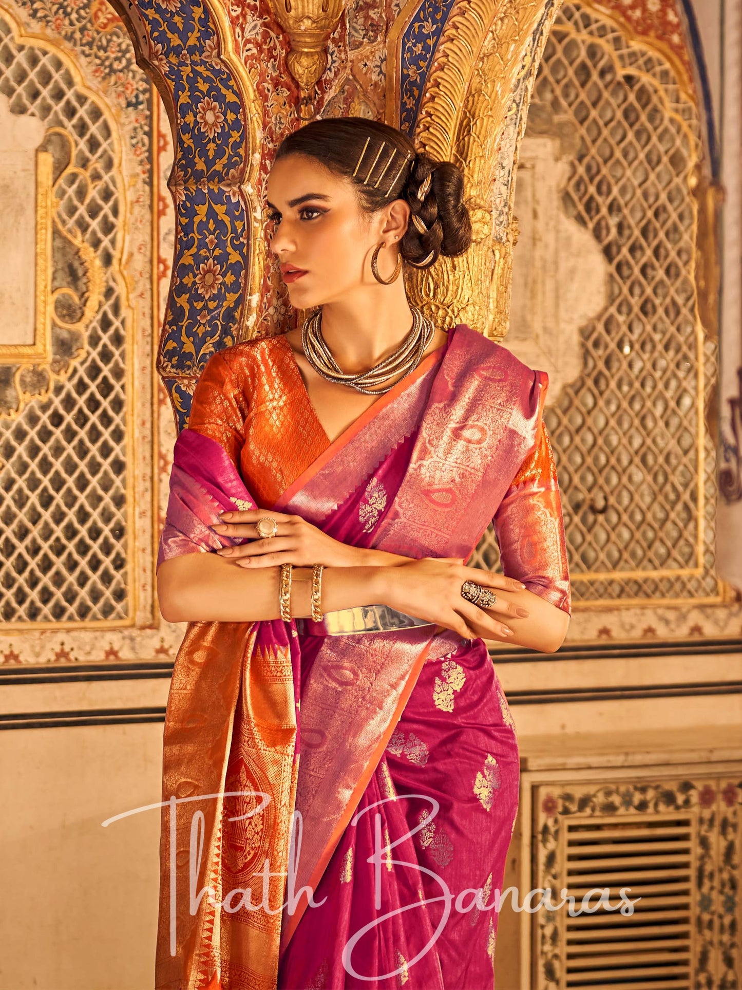 Magenta Pink Banarasi Weaving Tusser Silk Saree