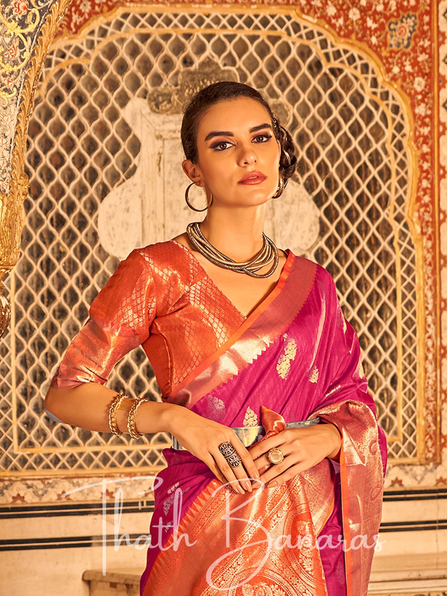 Magenta Pink Banarasi Weaving Tusser Silk Saree