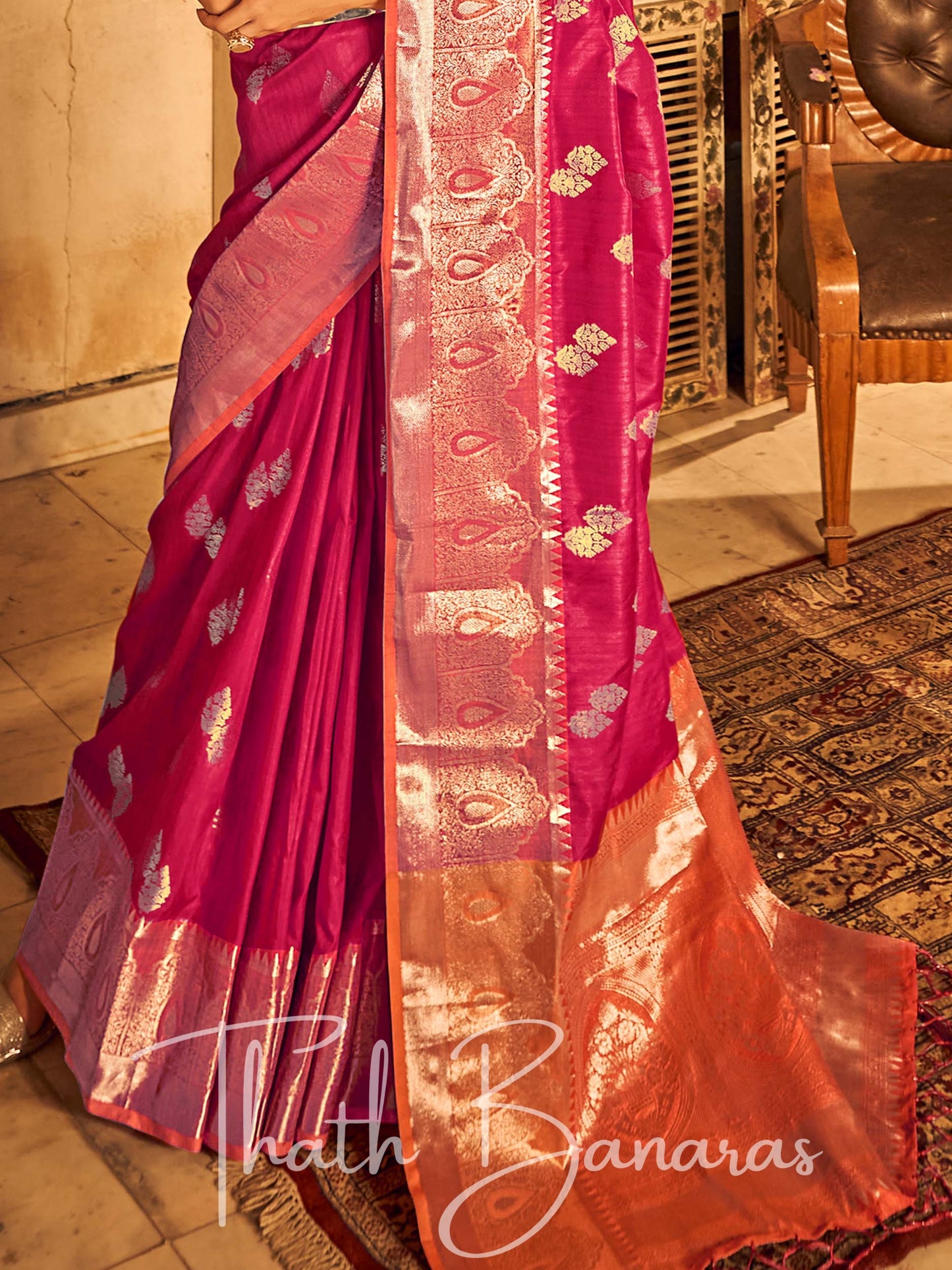 Magenta Pink Banarasi Weaving Tusser Silk Saree