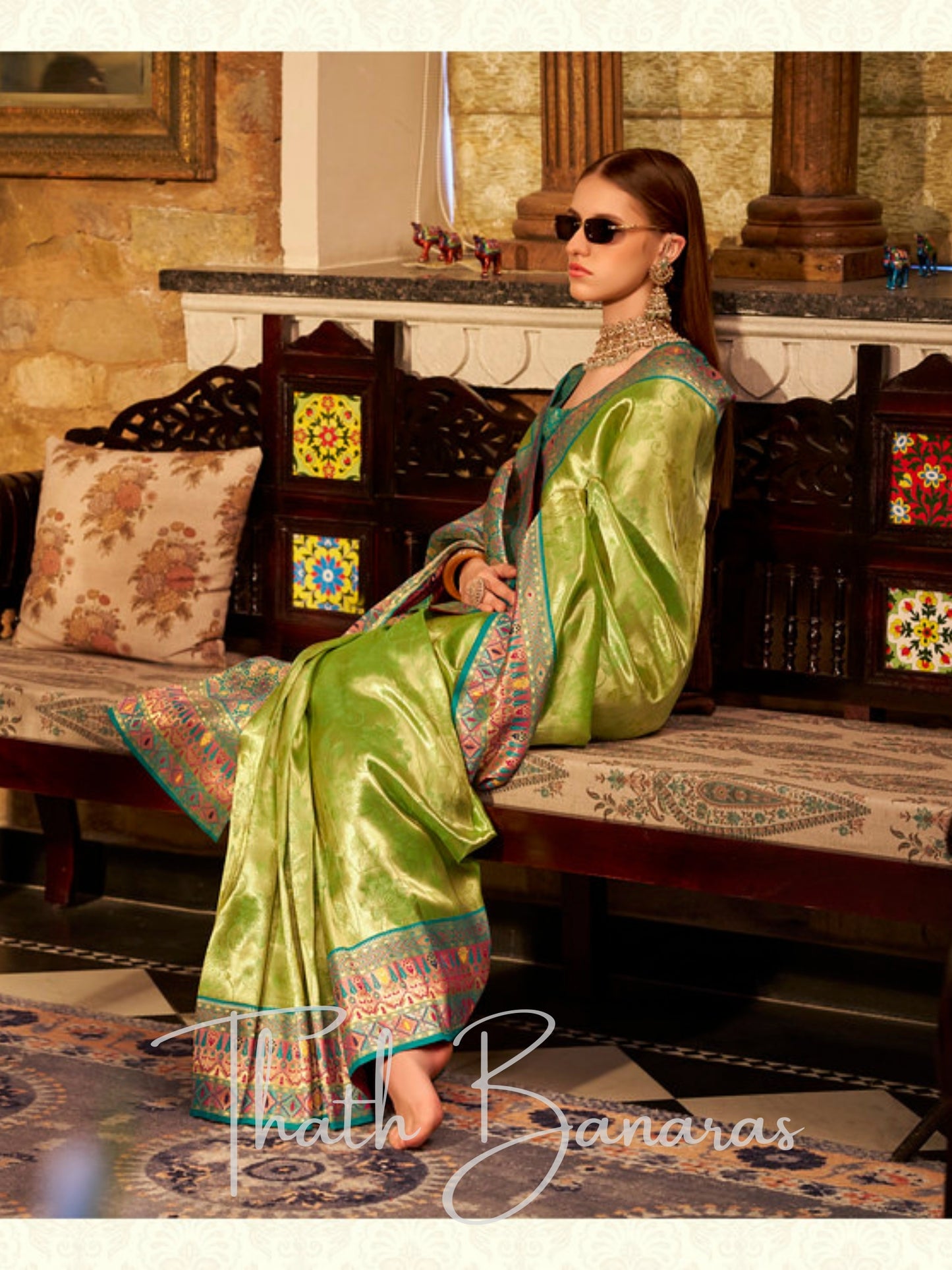 Elegant Pista Green Tissue Silk Saree with Zari Weaving and Intricate Blouse Work