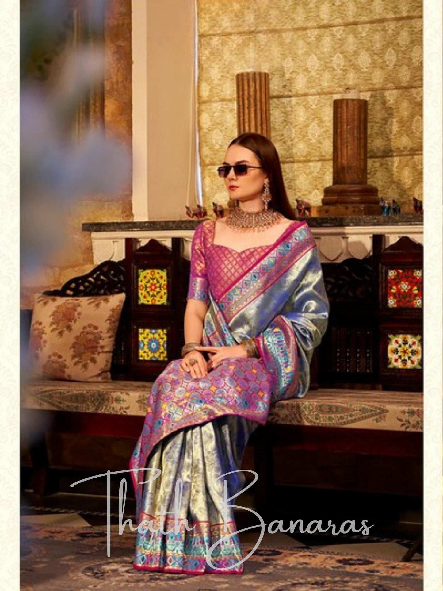 Elegant Woven Tissue Silk Saree with Intricate Zari Weave & Contrast Blouse