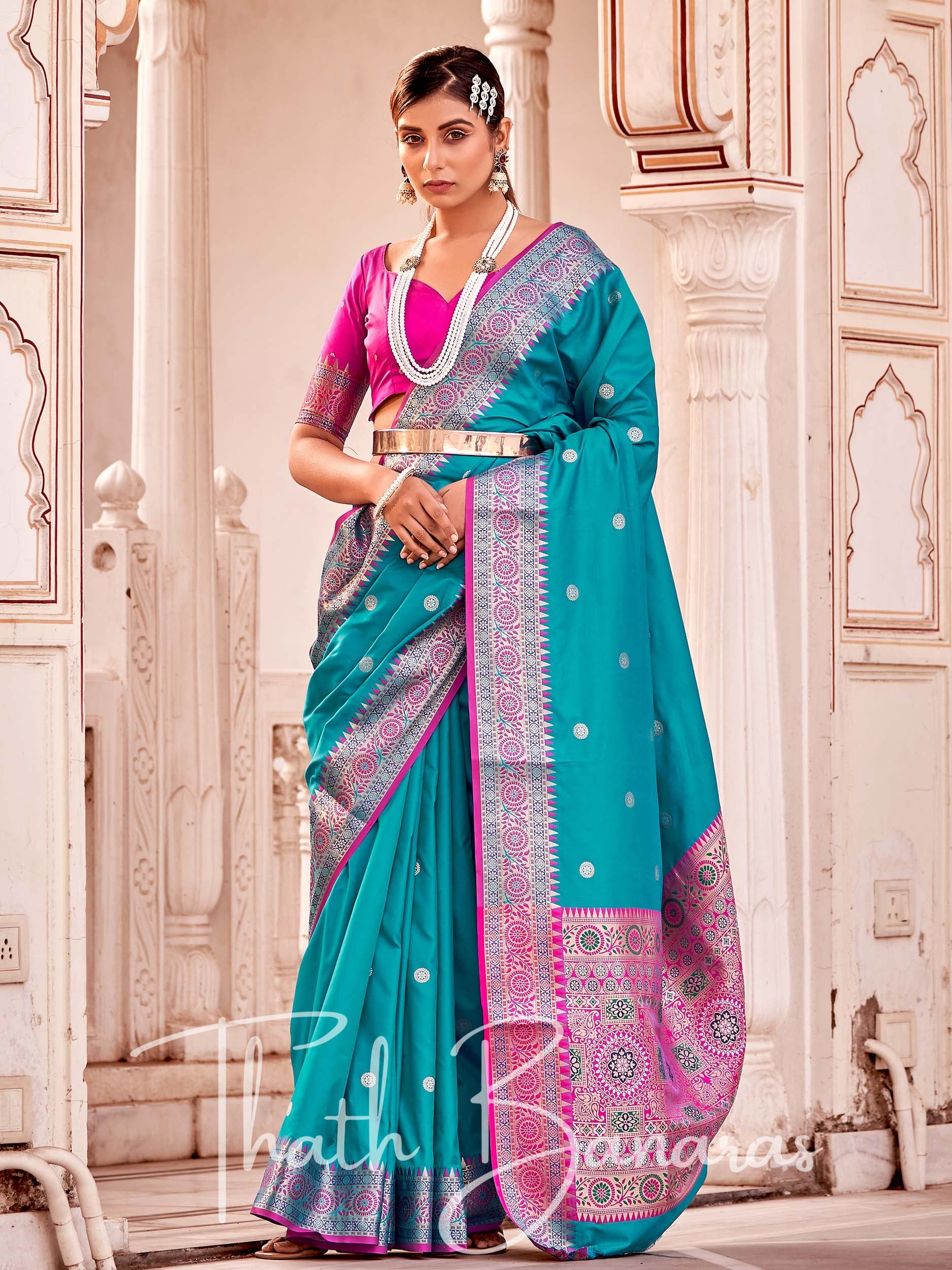 Sky Blue Colour Saree With Contrast Blouse Shop Handwork
