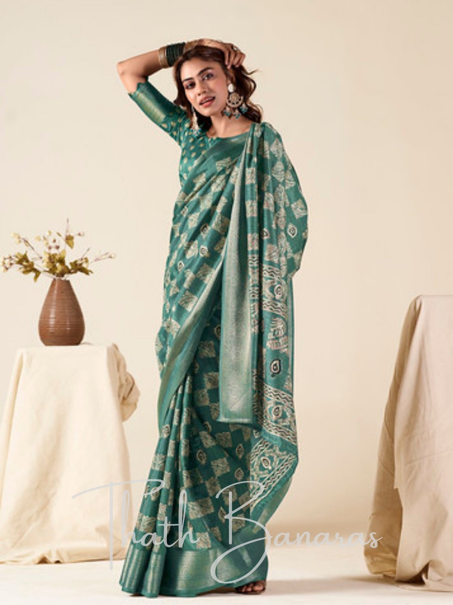Greenish Blue Teal MulMul Cotton Saree with Glorious Zari Work