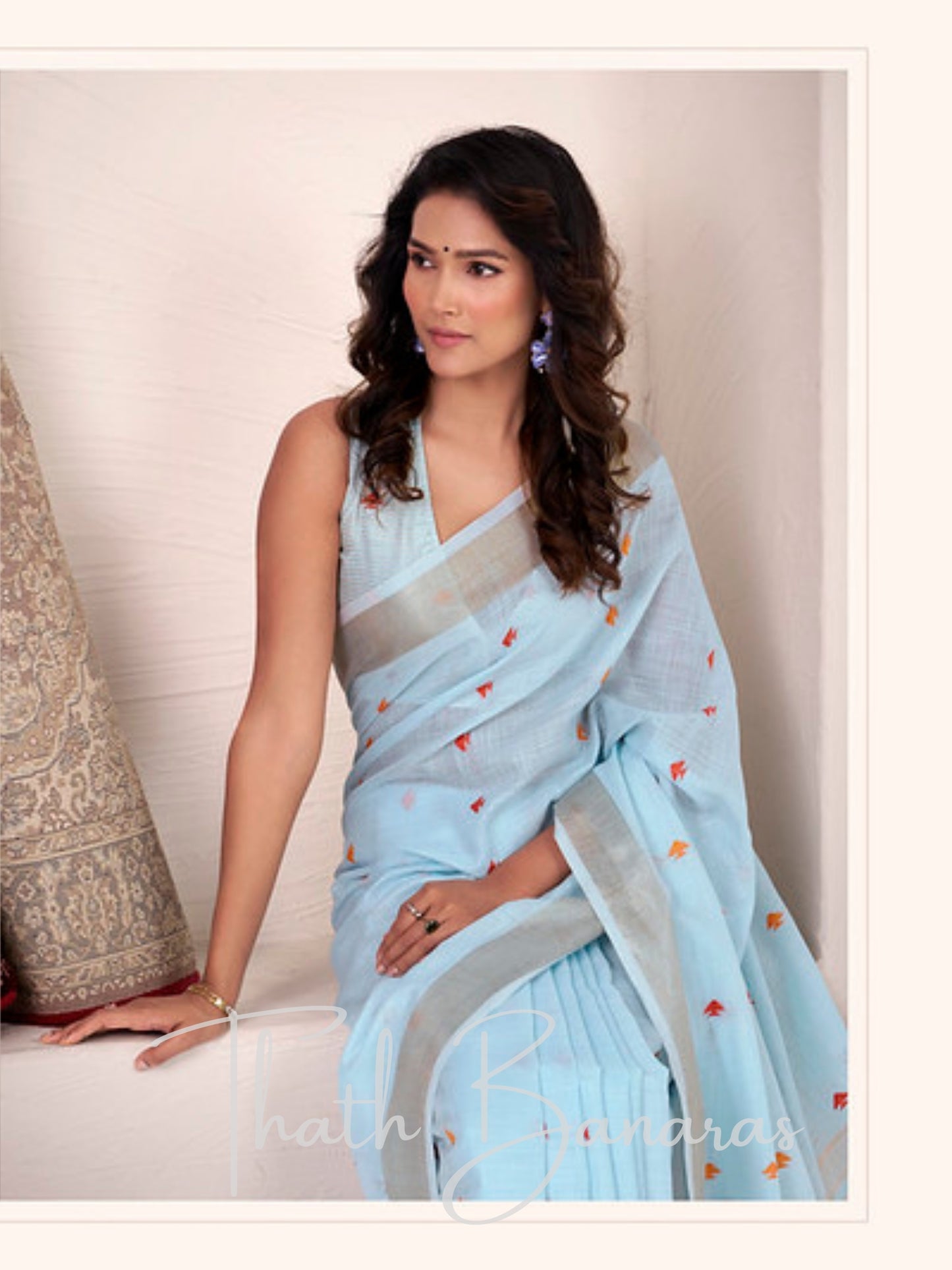 Turquoise Blue Woven Linen Saree